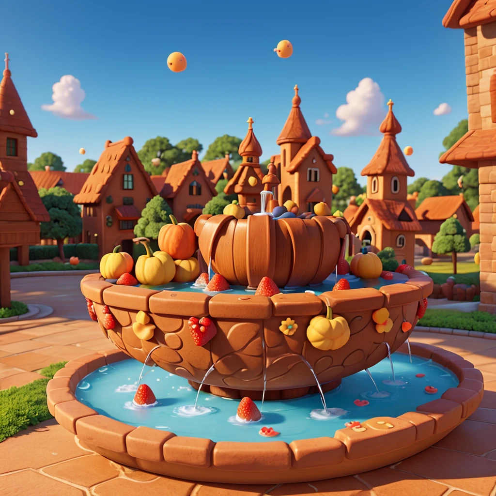 overhead view, cartoonish style, Estilo Pixar, 3D стиль, Octane rendering, on the square in the center of the cartoon gingerbread town there is a cartoon ((fountain)) shaped like a seashell, (Water and various cartoon fruits pour from the fountain), (pay special attention to the fountain and its details), (Jets of water come out of the fountain), (cartoon berries fall from the fountain), a closeup of a, Cheerful residents of gingerbread town stand near the fountain.,