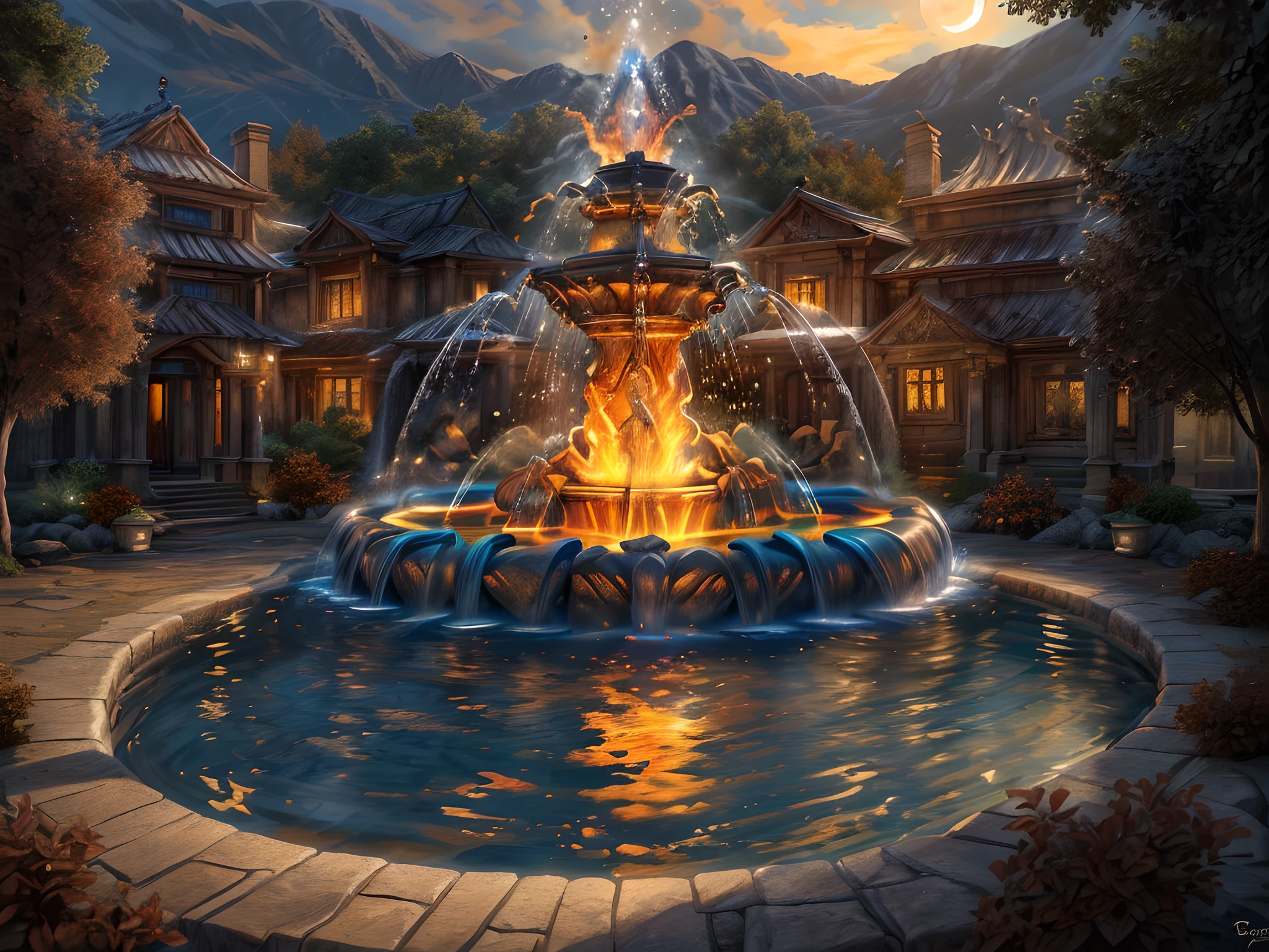 Fantasy art, RPG art, RAW, a picture of an epic sized magical (water fountain: 1.3) in an elven city town square, it has magical runes gl0w1ngR in the basin of the fountain, many rivulets of water entwined in (glowing fire: 1.2), gl0w1ngR , the fire, red fire, is combined with the water streams, its night time, moon is rising, photorealistic, 16k, RAW, award winning, (best detailed: 1.5), masterpiece, best quality, (ultra detailed), full body, ultra wide shot,