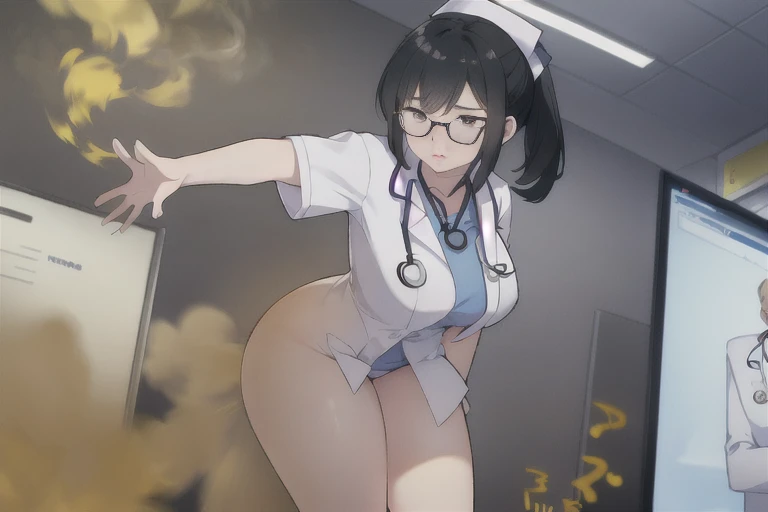 ((Blackhair ponytail))),wear the glasses,a stethoscope hung around her neck,Yellow smoke,Attacked by farts, Attack with farts,)),(attacks the male patient with farts)),((wearing a doctor shirt)),velocity,, (((Yellow smoke is rising ))),((Hip Attack)),((),((Facing this way))),masterpiece:1.2、top-quality)、(the Extremely Detailed CG Unity 8K Wallpapers、ultra-detailliert、Best Shadows)、(细致背景)、(The best lighting、extremely delicate and beautiful)、depth of fields,((Girl fart)),(big fart),(((((There is a male patient and a female doctor.......))))),(((Female doctor attacks male patient in the face with a hip attack..))),(((high-handed female doctor)),(((A male patient who endures pain))),(a male patient cough),((big boob)),((big butt)),(,((fart text)),(THE TEXT:BBRRPPHHH)),((doctor room))