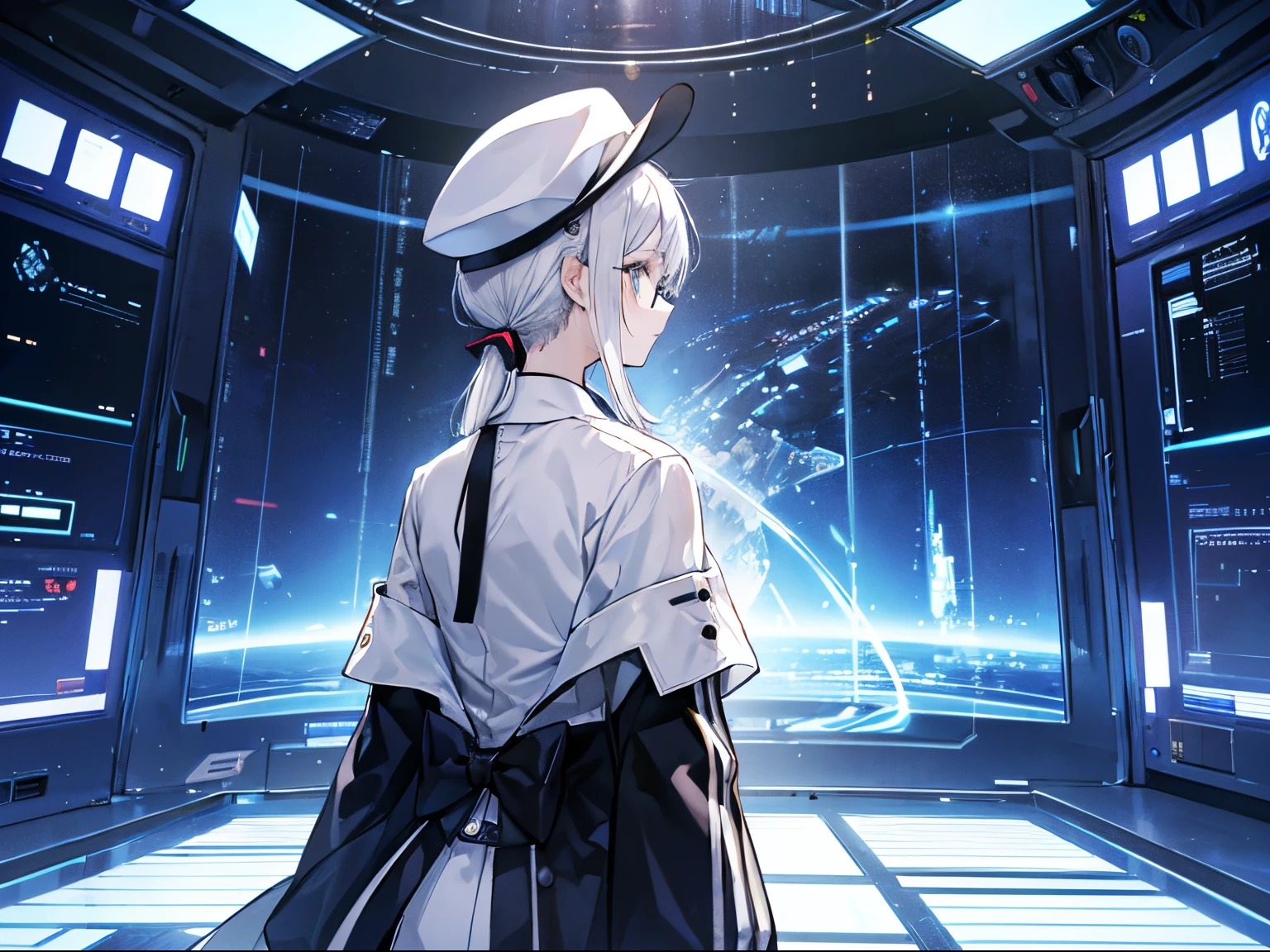 (masutepiece)(high-detail)An electronic world that feels like science fiction、A space that feels like inside a machine、Virtual space、near future、Darker、landscapes、There is a young man far away(white hair、poneyTail、tailcoat、neck tie、Hats、eye glass、facing back、Bottom right、Far away)