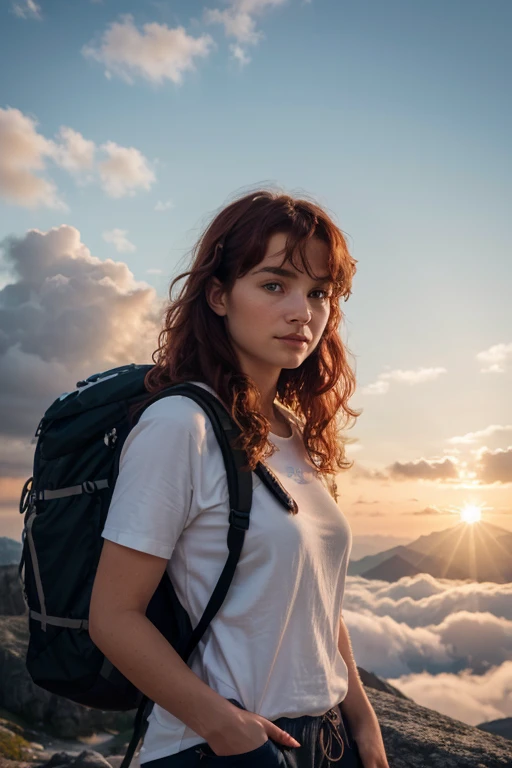 (Best Quality, hyper realistic photography), Magnificent Norwegian mountain peak, sea of clouds, Woman watching sunset, white t-shirts, Trekking Shorts, trekking boots, rucksack, (ultra-delicate face, Super Beautiful Maid, Super delicate eyes, Ultra-detailed nose, Ultra detailed mouth, Ultra-detailed facial features), Beautie, 18year old, nordic look, curly red hair,