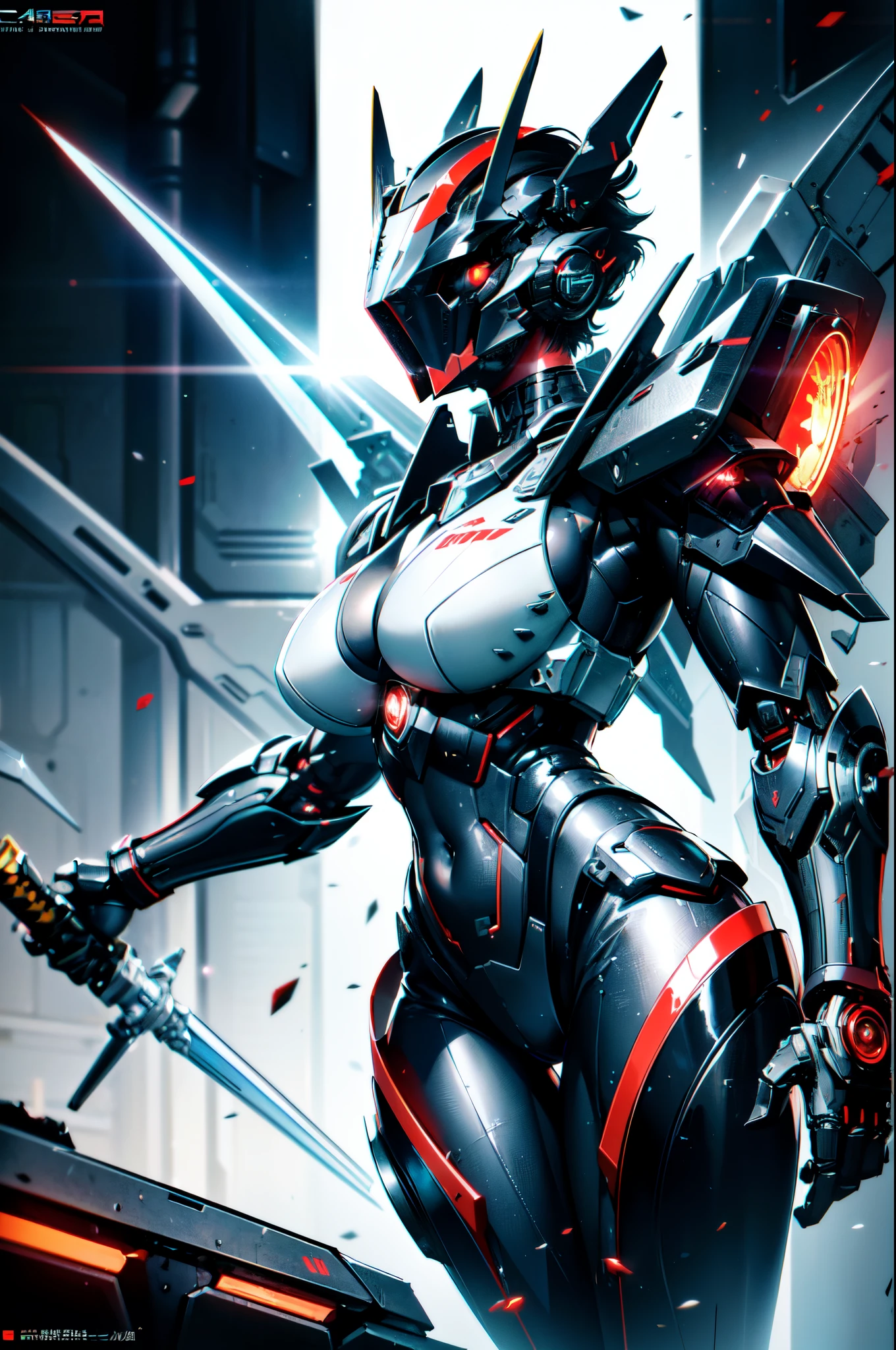 Extraordinary beautiful girl, fuselage, mechanical naked robot, mecha girl, Black hair, Short hair details, (red eyes:1.3), Inorganic skin, science fantasy,intermittently, (katana swords), (Perfect Finger, 4fingers and 1thumbs), (There are thick armors on the limbs:1.5), (Lop, navel, absolutely_good memory), intermittently, space_shooting, Side focus, open stance, (Cybertech punk mask:1.2), There are huge thrusters on the waist, Side breasts, full bloom, ultra detailed concept art, The content is very detailed, hawken, sci-fi battlefield, tmasterpiece, Best quality at best, Capture super cute moments, depth of fields, ultra - detailed, 超高分辨率, c4d, octadale, 3D modeling, 8K, 16k,