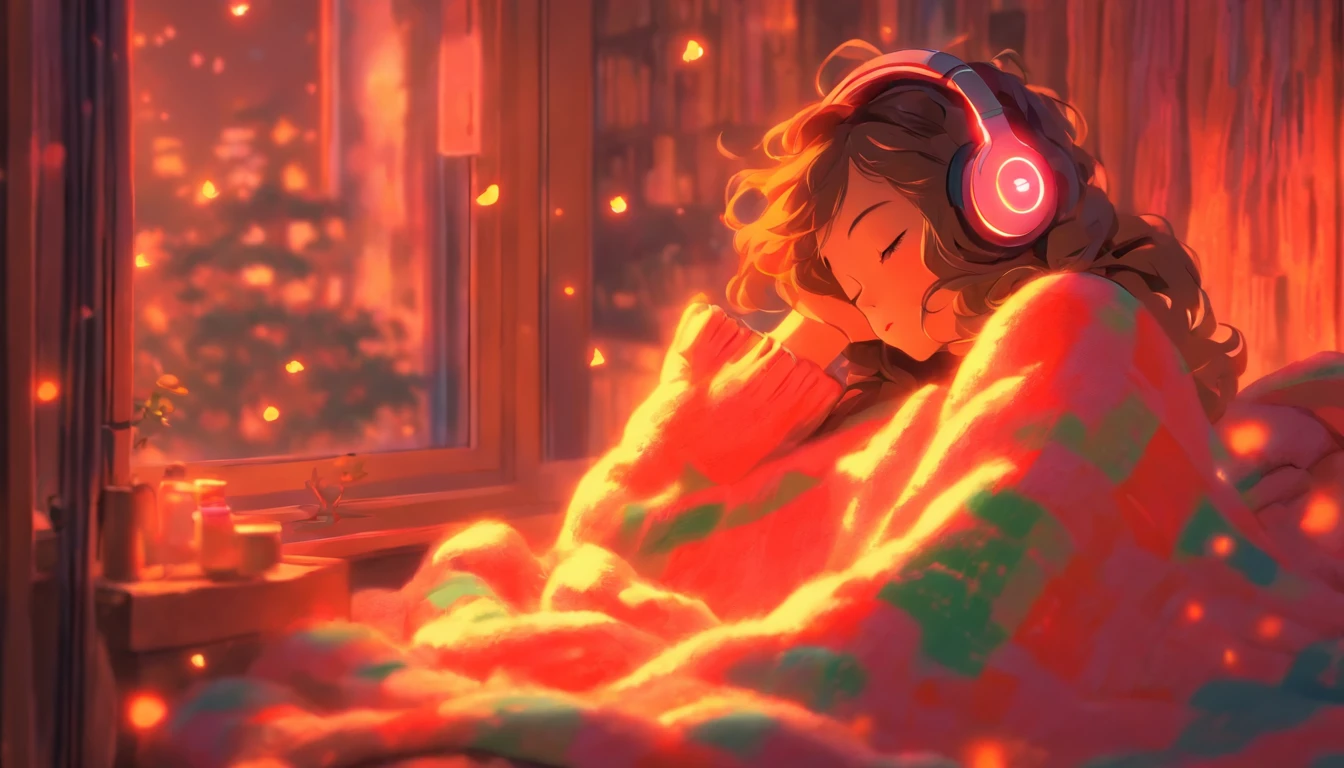 a girl, lying sleeping, wearing a big sweater, wearing headphones, legs covered with a blanket, lofi, calm, calm atmosphere, in her room looking at the window, cool, night, quiet night, masterpiece, best quality