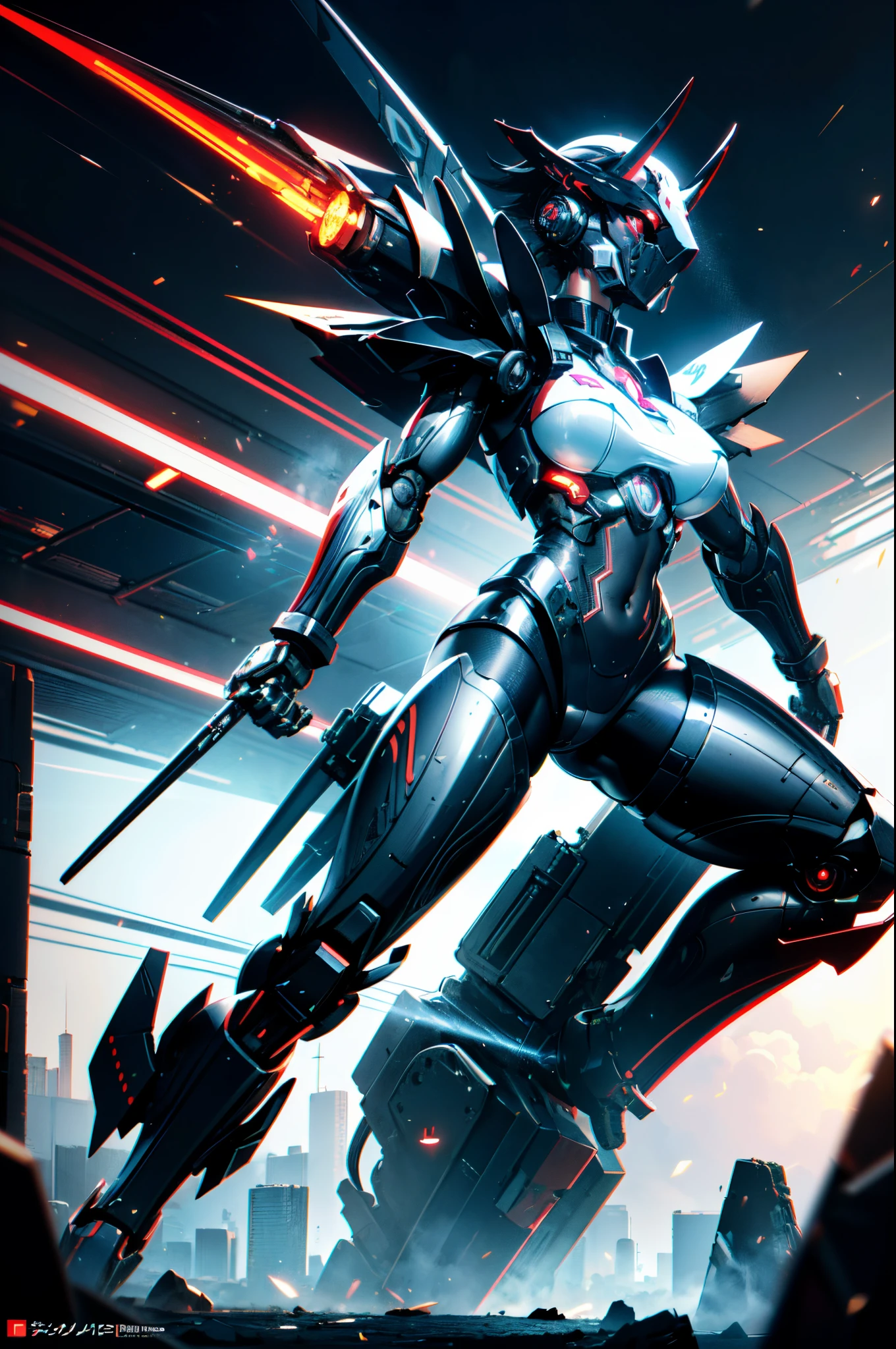Extraordinary beautiful girl, fuselage, mechanical naked robot, mecha girl, Black hair, Short hair details, (red eyes:1.3), Inorganic skin, science fantasy,intermittently, (katana swords), (Perfect Finger, 4fingers and 1thumbs), (There are thick armors on the limbs:1.5), (Lop, navel, absolutely_good memory), intermittently, space_shooting, Side focus, open stance, (Cybertech punk mask:1.2), There are huge thrusters on the waist, Side breasts, full bloom, ultra detailed concept art, The content is very detailed, hawken, sci-fi battlefield, tmasterpiece, Best quality at best, Capture super cute moments, depth of fields, ultra - detailed, 超高分辨率, c4d, octadale, 3D modeling, 8K, 16k,