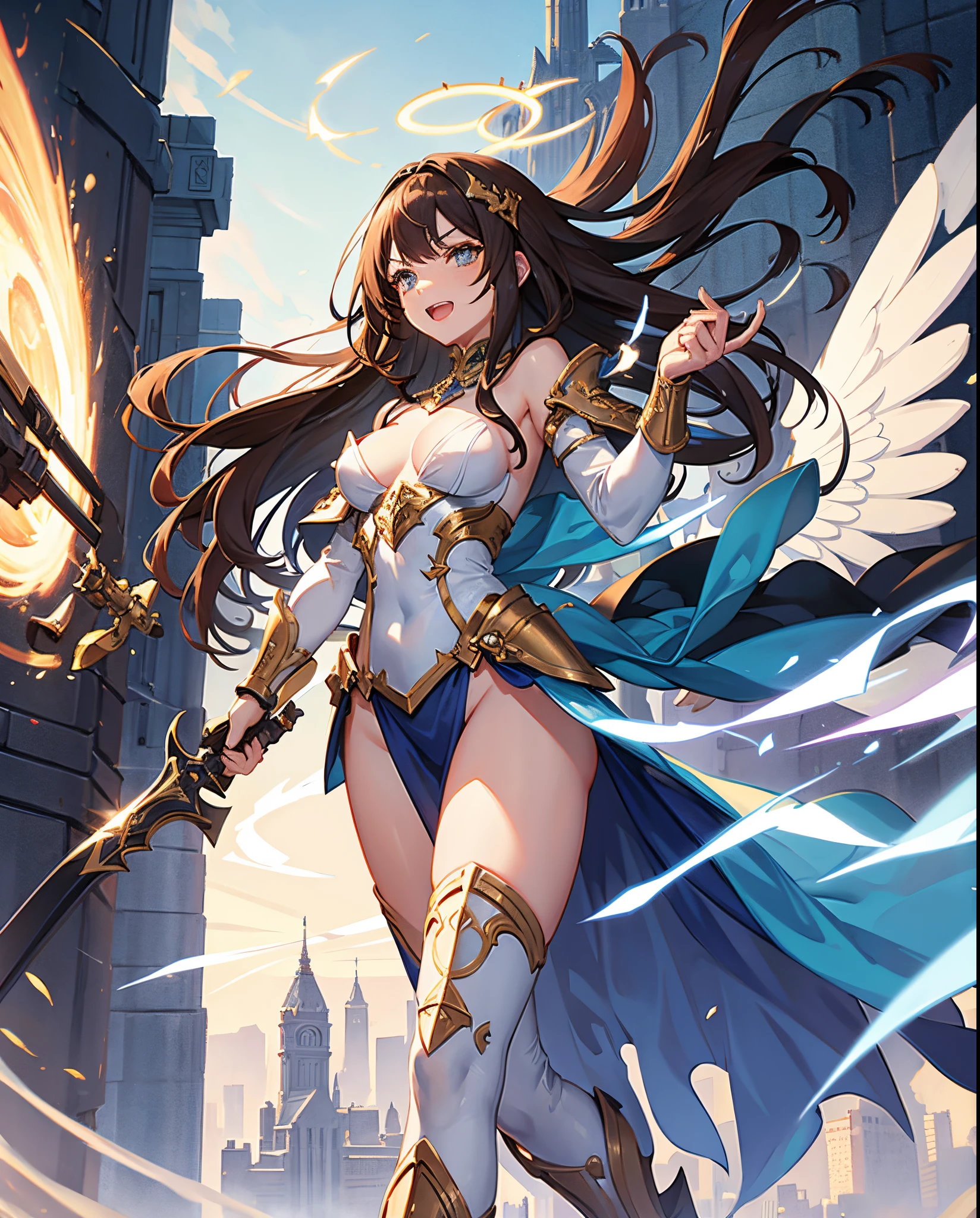 fantasy, 1angel_girl, loli,bwn_hair, medium_bob_hair, long_bangs, halo,bare_shoulder,thighhighs,silver_armor, waist_armor, large_breasts,angry,grinning,open_mouth_teeth, 1pair_wings, dynamic_pose_fighting,floating, bare_crotch, headgear,gauntlet, greaves,city_sky_background,slightly_spread_legs, solo, groin_naked,dark_skin,