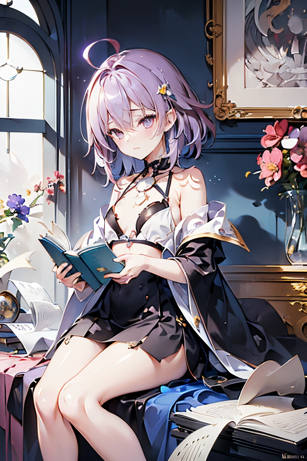 ((Masterpiece)), (highly saturated), from side, (High Definition:1.3), (Professional Photography:1.2), (cinematic lighting), (flat body), (flat chest), ahoge, messy hair, pale purple hair, (blush, very laugh face), (sitting on the circle), (hold a book in hand), ultra detailed, 1girl, black bikini, exposed legs, (surrounded flowers), (shining), (paper_cut)