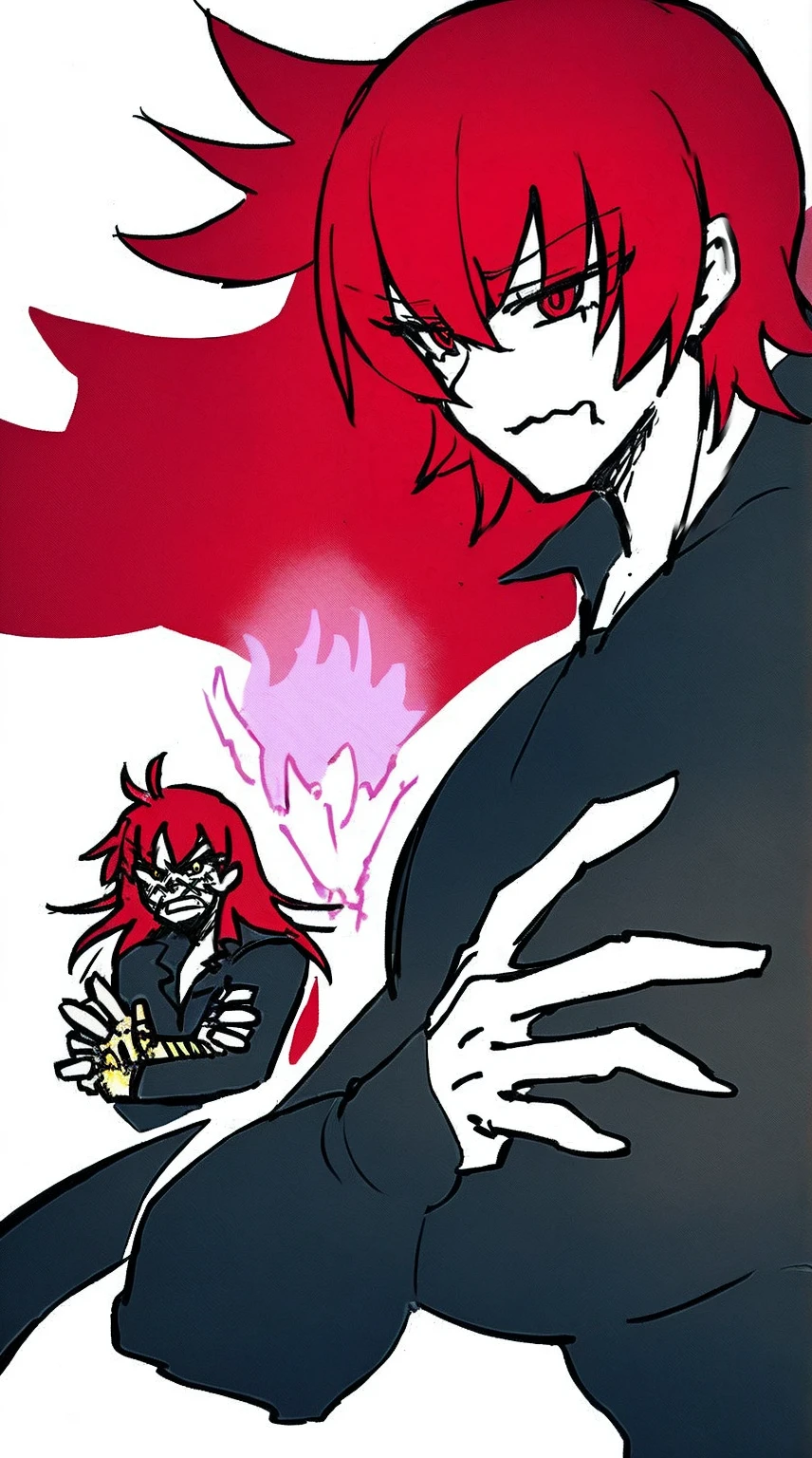 red hair, long hair, muscular male, sentai armor,, edgy, thunder aura, fire, power energy