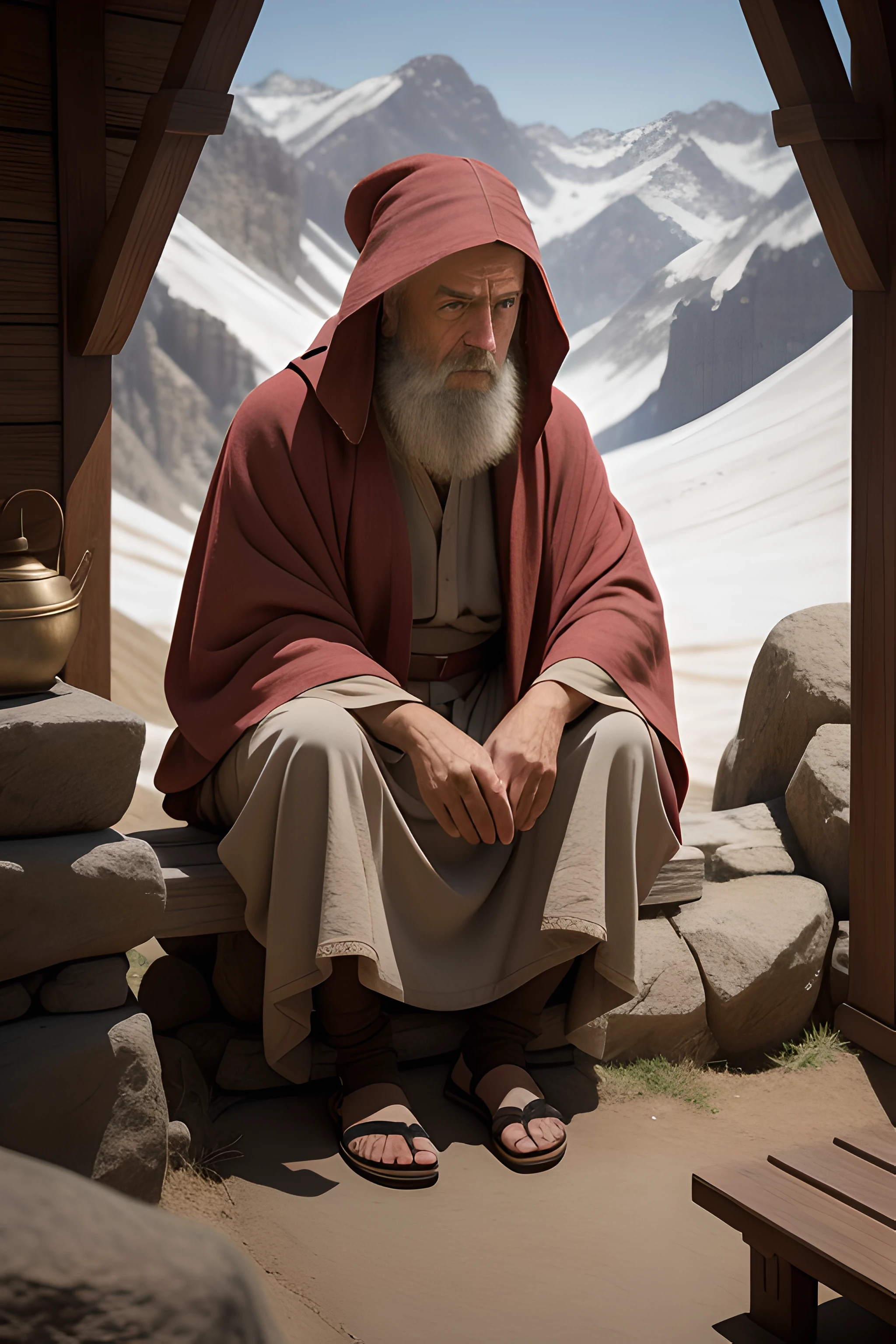 There is a man sitting on a bench in the mountains, Moses, Biblical Epic Movies, still from live action movie, Christopher Lloyd(Belial), Saint looking at the ground, movie still 8 K, still from a fantasy movie, still from the movie, wise old man, 4K still images, 16384K Movies, film still dnd