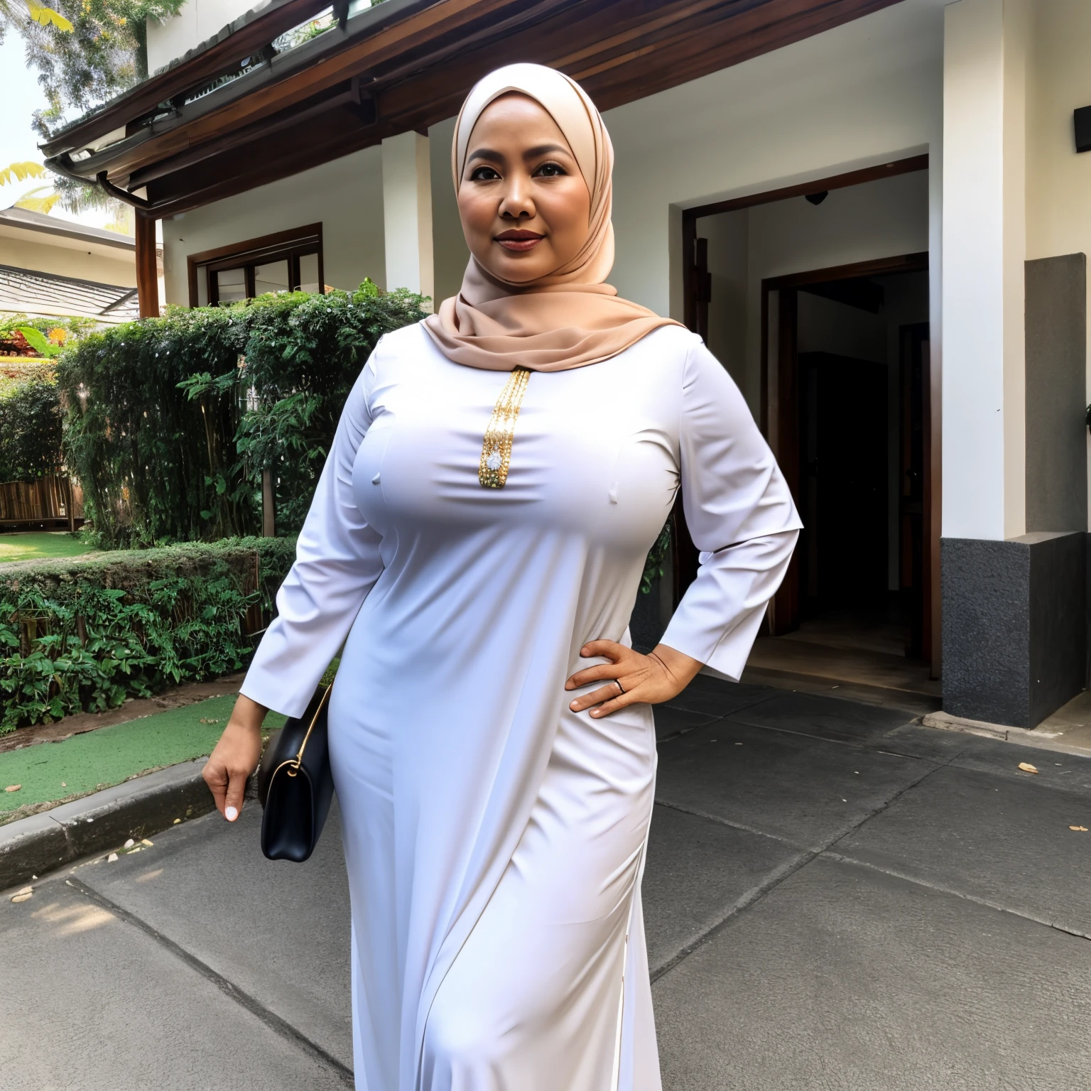 56 years Old, Hijab Indonesian mature woman, Big Mature Tits : 48.9, Gamis, white skin like porcelain, Curvy body, at Street, High light, at Day time, 128K HDR Best Quality Photo