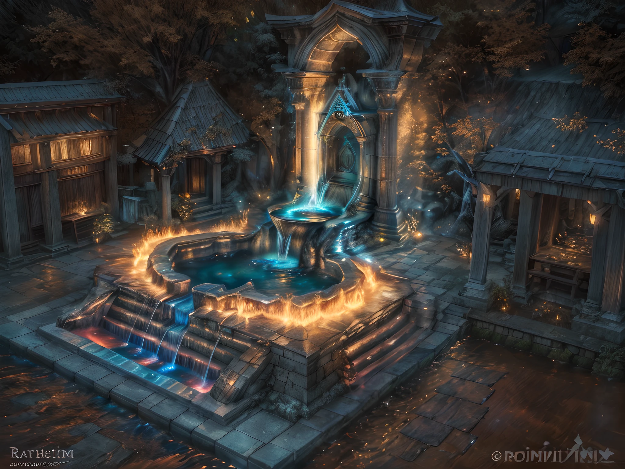 Fantasy art, RPG art, RAW, a picture of an epic sized magical (water fountain: 1.3) in an elven city town square, it has magical runes gl0w1ngR in the basin of the fountain, many rivulets of water entwined in (glowing fire: 1.2), gl0w1ngR , the fire, red fire, is combined with the water streams, its night time, moon is rising, photorealistic, 16k, RAW, award winning, (best detailed: 1.5), masterpiece, best quality, (ultra detailed), full body, ultra wide shot,