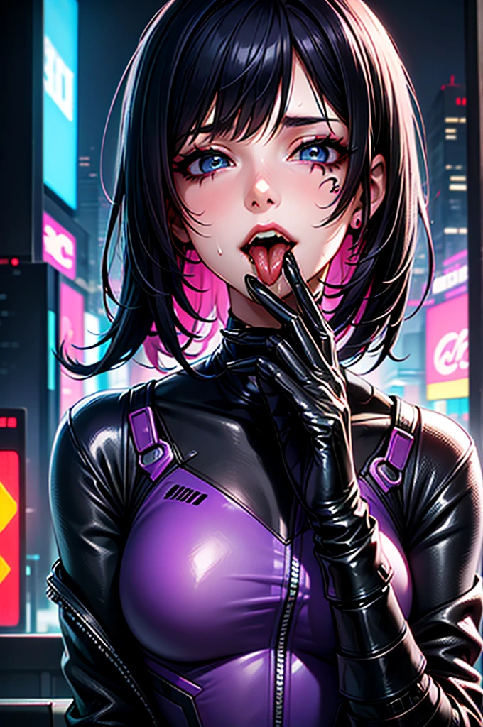 Cyberpunk girl, cyberpunk haircut, cyberpunk body, cyberpunc bodysuit, short jacket, blue eyes, purple eyeliner, tongue out mouth, Saliva , winks, portrait, sweaty, long tongue, another hand in mouth, hand in mouth, tattoos