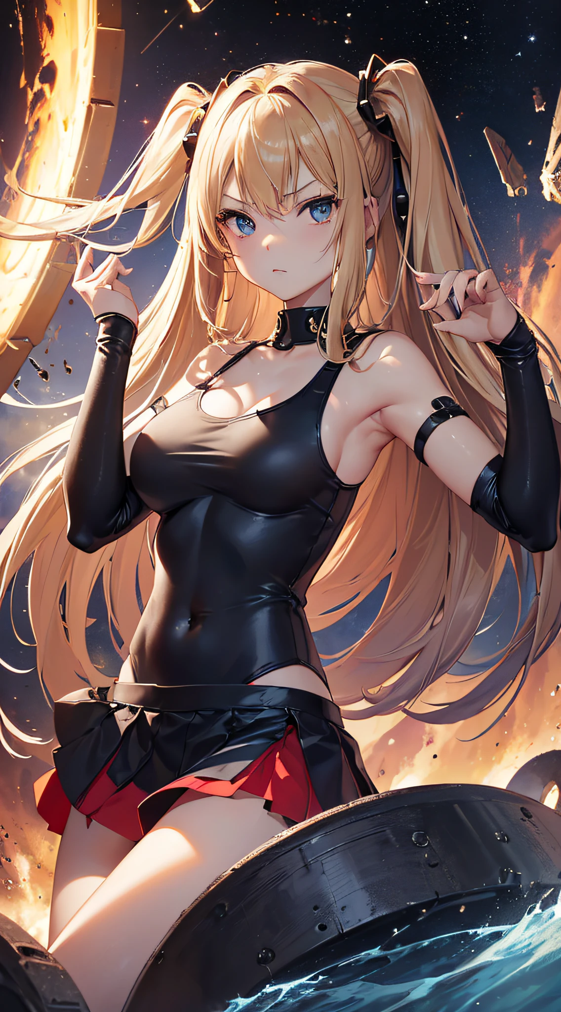 top-quality、Top image quality、masterpiece、girl with((Red Leotard、Black Mechanical Armor、sixteen years old、 ager、cute little、Best Bust、big bast,Beautiful light blue eyes、Breasts wide open, a blond、A slender,Large valleys、belligerent movements,Warlike face、Navel Tank Top、mechanical short skirt、)),hiquality、Beautiful Art、Background with((universes)))、Depth((black hole)),masutepiece、depth of fields,Cinematic style