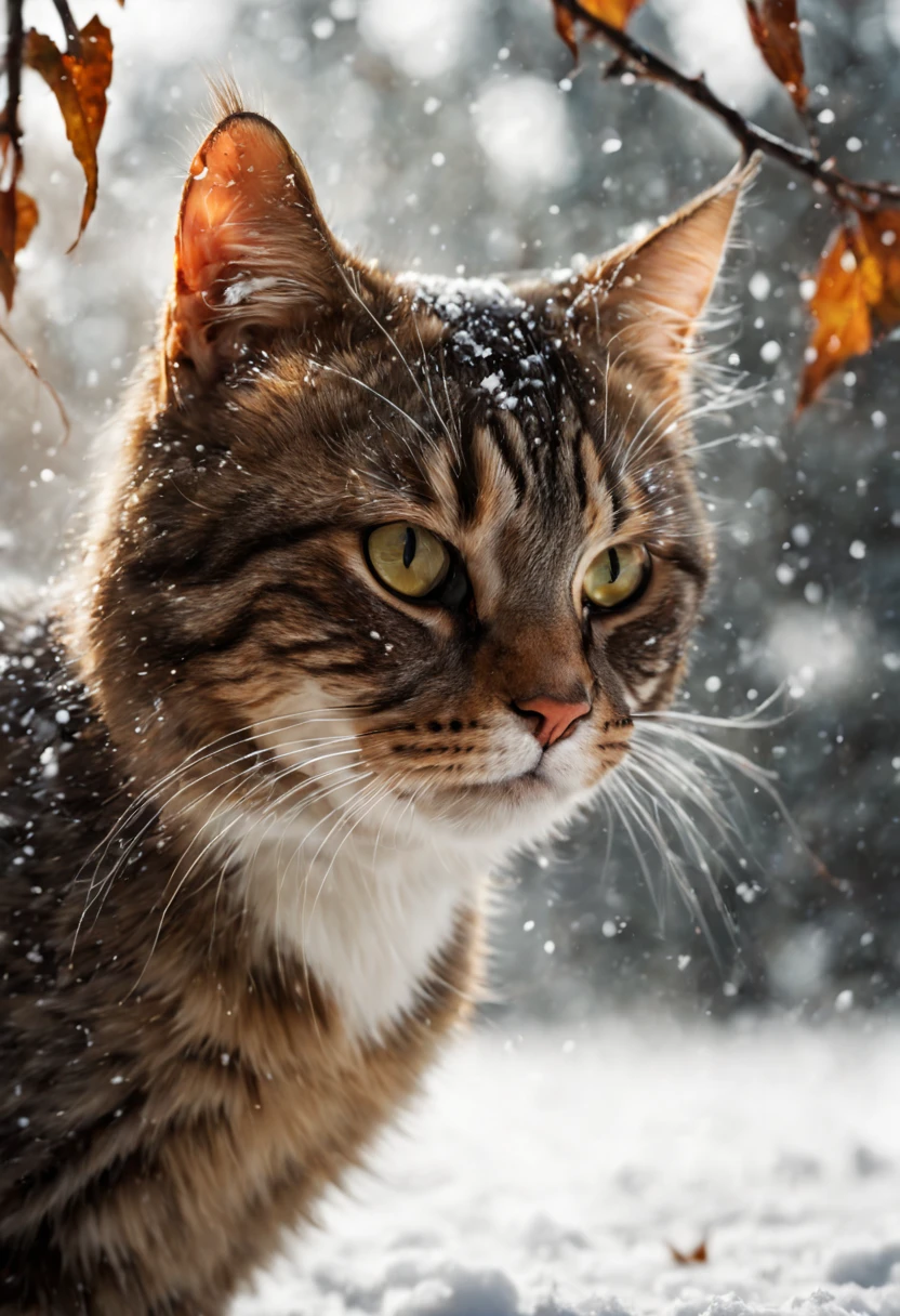 mj, RTX, 4k, HDR, Anna Razumovskaya, Casey Baugh, Antonio Mora, Aminola Rezai, Giovanni Boldini, art, realistic art. cat, first snow, flakes, partial snow cover, film still, breathtaking, falling leaves, melancholic mood, nature's farewell in the rustling of gusts of wind, photorealism, film grain, film still, bokeh, intricate detail, perfect composition, beautiful detailed complexity Insanely Detailed Octane Rendering, 4k Fine Art Photography, Photorealistic Concept Art, Soft Natural Volume Cinematic Perfect Light, Chiaroscuro, Award Winning Photography, Masterpiece, Oil on Canvas,