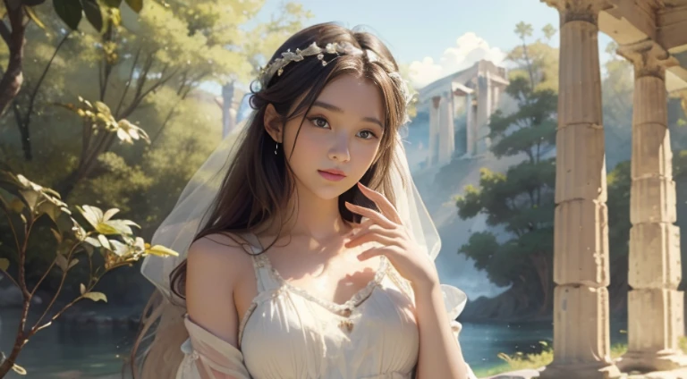 (top-quality、hight resolution、masterpiece)、((Watercolor in Sargent style))、(David Hamilton Style)、(softfocus)、ancient greek scene 、The world of Bilitis songs、(greek female bard)、22year old、美丽的面容、Well-formed eyes and nose、Bewitching smile、Detailed depiction of the face、Classic hairstyles、Beautiful figure、detail portrayal、(ancient greek clothes)、(White tunic)、greek toga、(two womens)、(young woman talking outdoors)、(Accurate hand and finger depiction)、Cinematic scenes、ciinematic light、softlight、raytrace、luminous sky、greek architecture columns、greek pine、(nostalgia)、classic vibes、Blur the background、