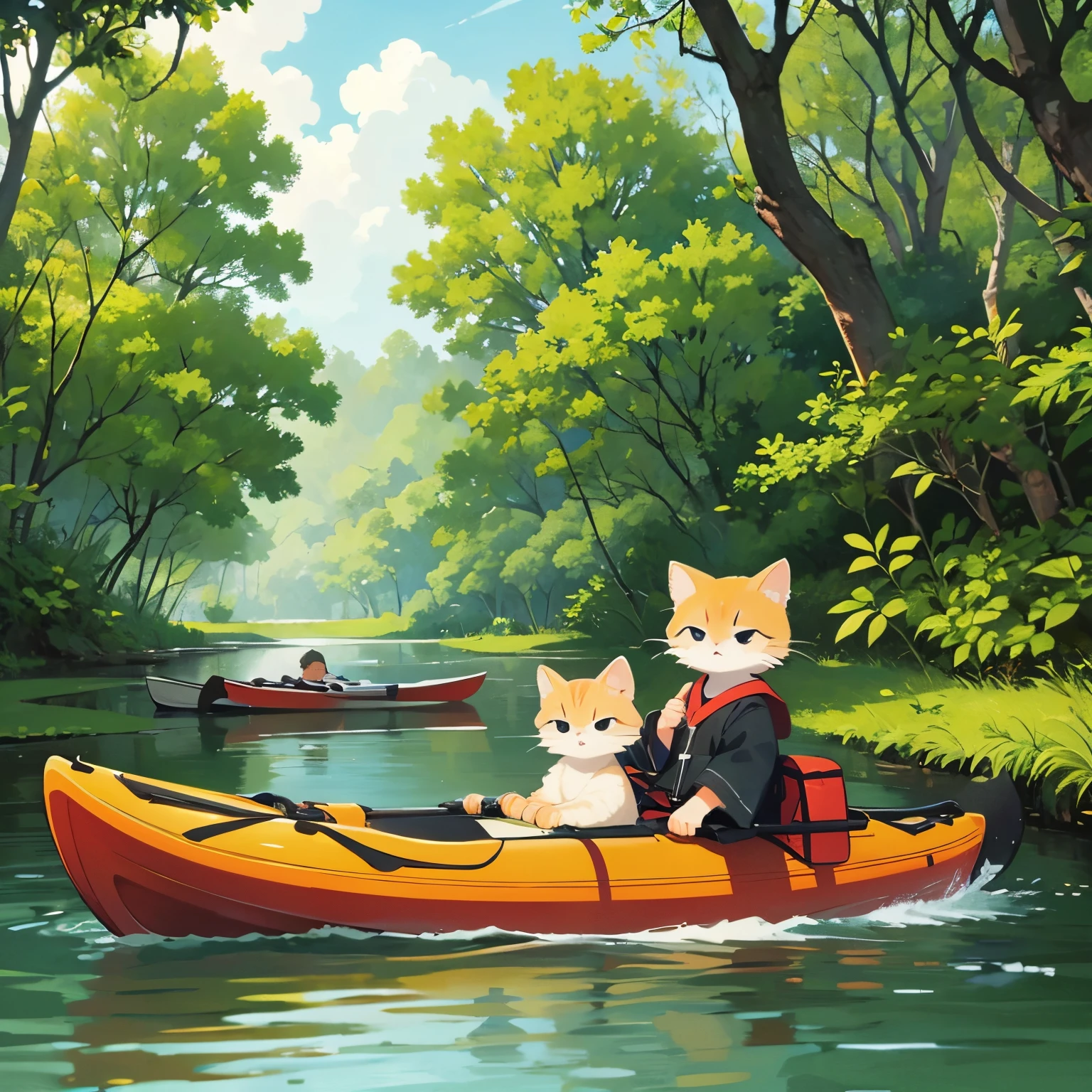 A masterpiece, a detailed background, mangrove tour、 "Yuru Camping" inspired wide illustration with a simple, light use that highlights a kitten girl. She is fishing on a beautiful river in a kayak.