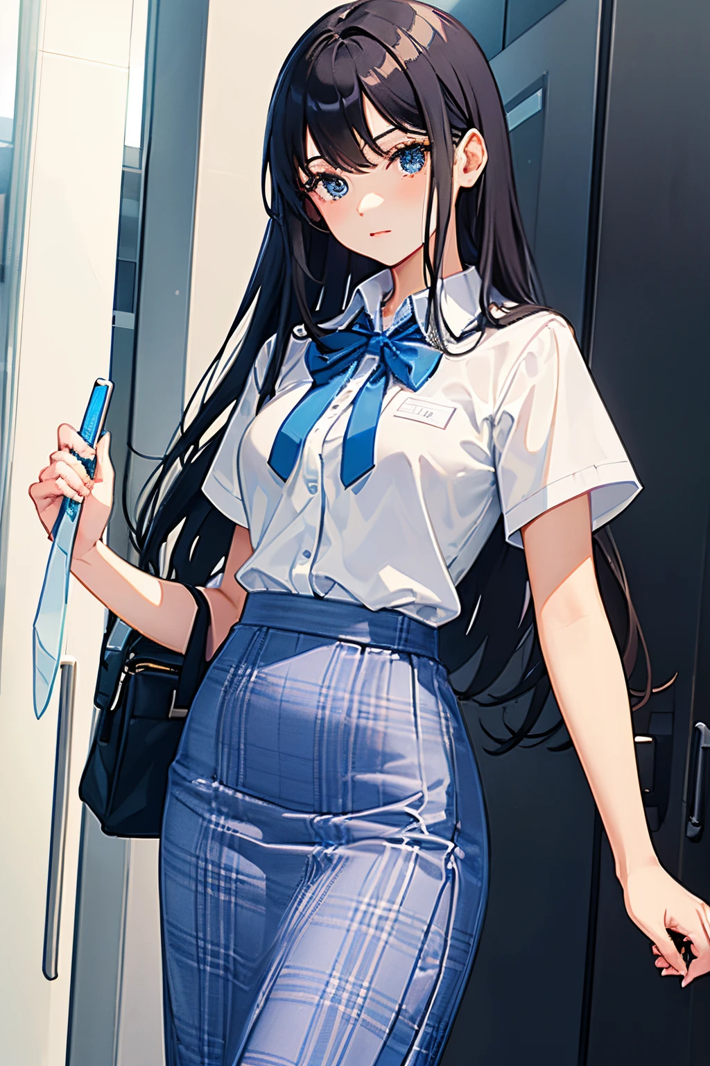 Woman, Female Student, freshman, Feminine, White shirt top, half arm, wearing a blue gingham pencil skirt, Long skirt, office pencil skirt, Office Skirt, long gingham office skirt with blue ribbon, Neckbow, Id, id sling, ID Holder, lanyard, Wearing school ID, School ID, School, Anime, Modern Anime