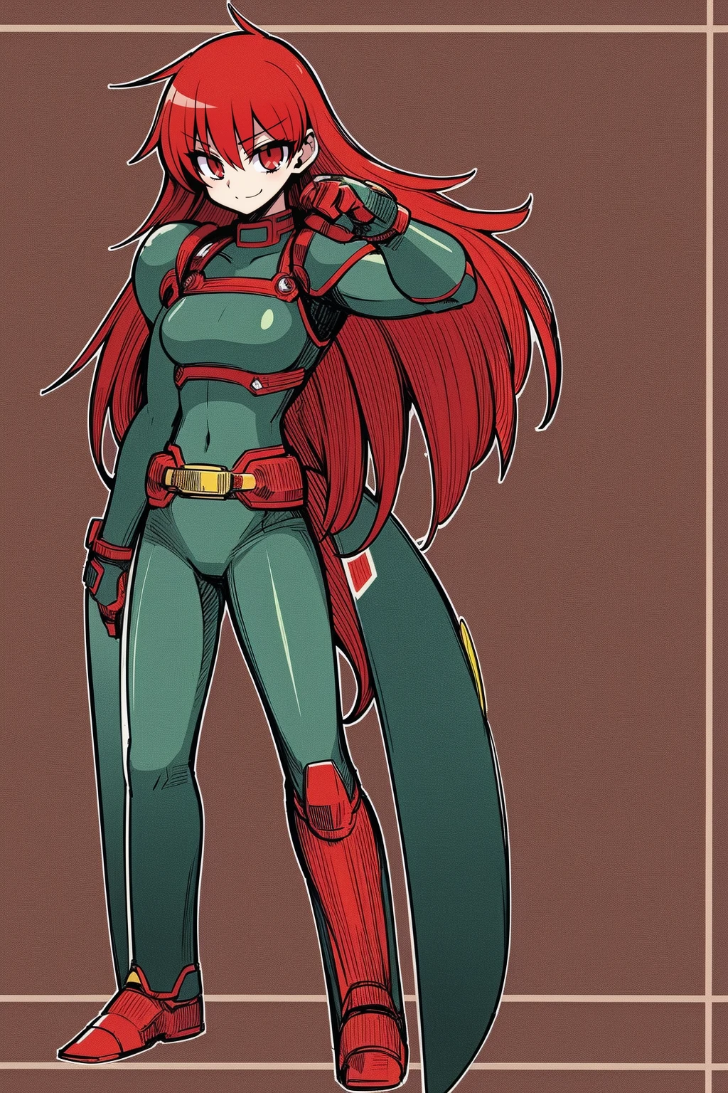 * female ,, red hair,sentai armor, superhero, metal hero, standing, solo focus, living hair, long hair,mature male,