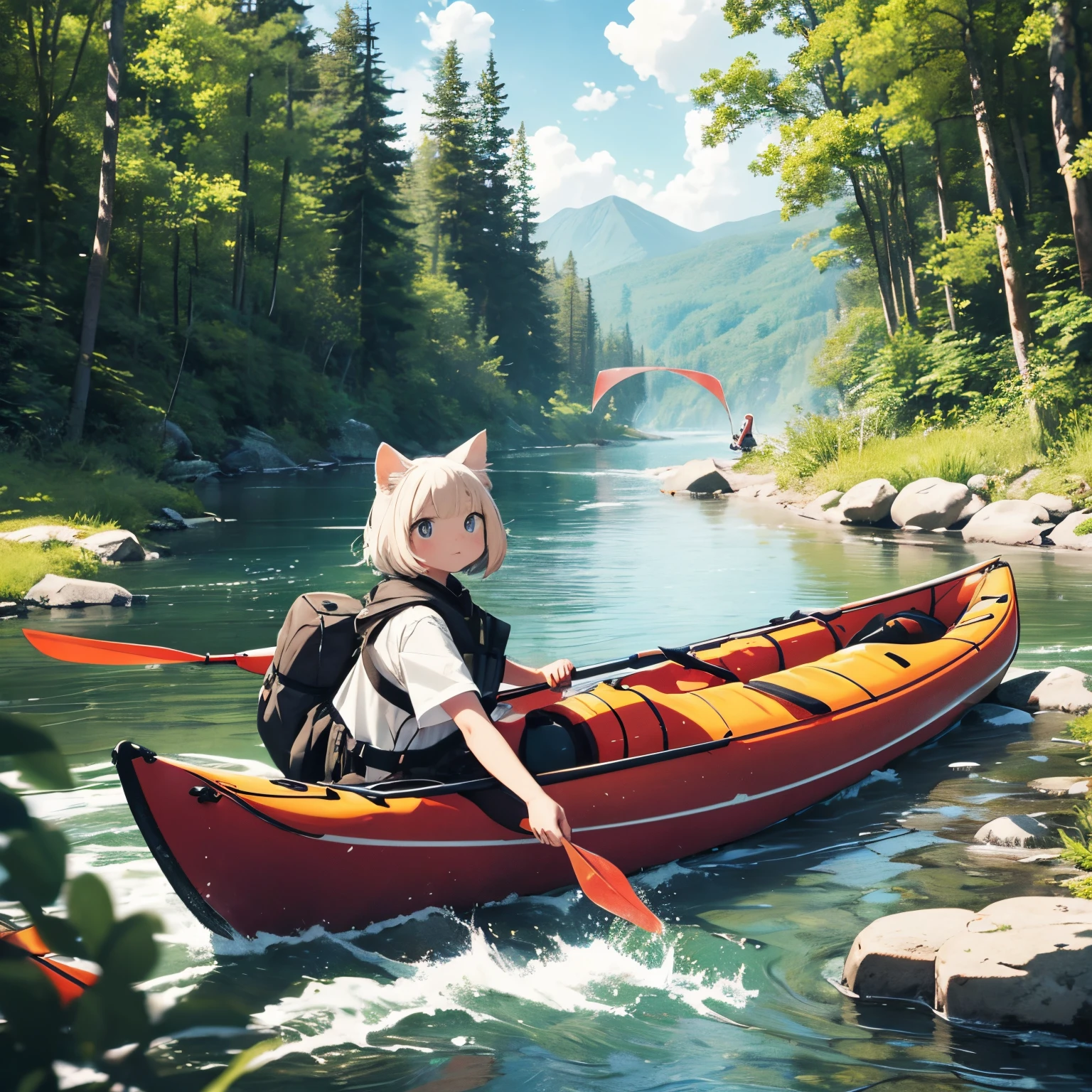 A masterpiece, a detailed background, and a "Yuru Camping" inspired wide illustration with a simple, light use that highlights a kitten girl. She is fishing on a beautiful river in a kayak.