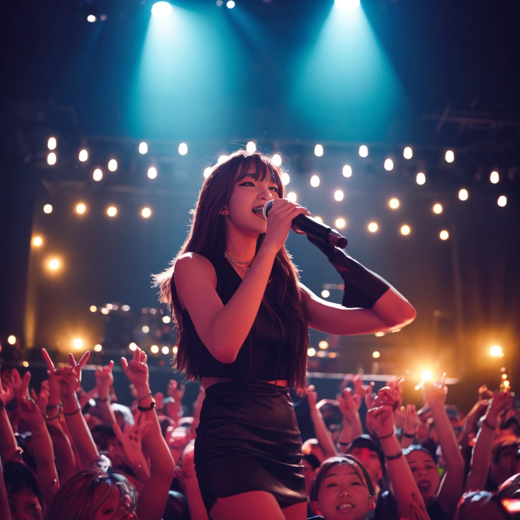 K-pop idols performing on stage, black short tight dresses, song performance, K-pop girl group, riotous atmosphere, stage above the hall, (best quality, 8k, 16k, highres, masterpiece:1.2), ultra-detailed, (realistic, photorealistic, photo-realistic:1.37), professional, (music:1.1, performance:1.1), dynamic lighting, (moving lights:1.1, spotlights:1.1), energetic performance, powerful vocals, enthusiastic audience, dazzling stage effects, high-energy atmosphere, (excitement, adrenaline:1.1), charismatic lead vocalist, flawless stage presence, passionate performance, vibrant stage background, (cheering audience:1.1, waving light sticks:1.1), electrifying atmosphere, captivating stage presence, (explosive, high-intensity:1.1), (pop music, catchy melodies:1.1), crowd interaction, (empowering lyrics, motivational messages:1.1).