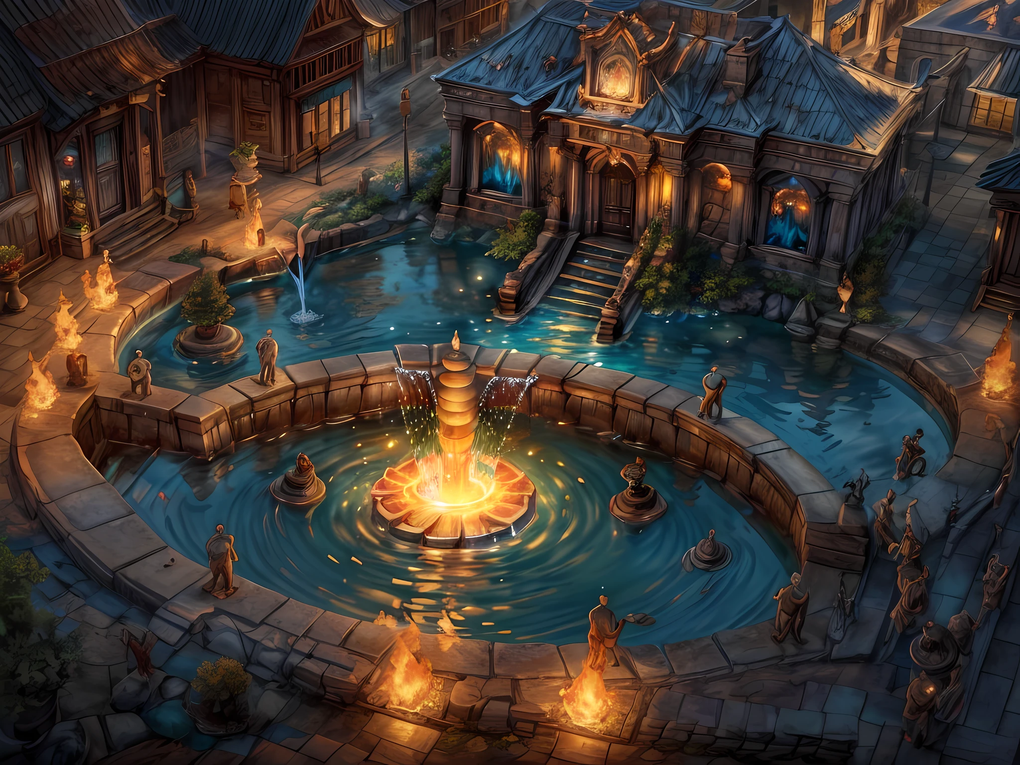 Fantasy art, RPG art, RAW, a picture of an epic sized magical (water fountain: 1.3) in an elven city town square, it has magical runes gl0w1ngR in the basin of the fountain, many rivulets of water entwined in (glowing fire: 1.2), gl0w1ngR , the fire, red fire, is combined with the water streams, its night time, moon is rising, photorealistic, 16k, RAW, award winning, (best detailed: 1.5), masterpiece, best quality, (ultra detailed), full body, ultra wide shot,