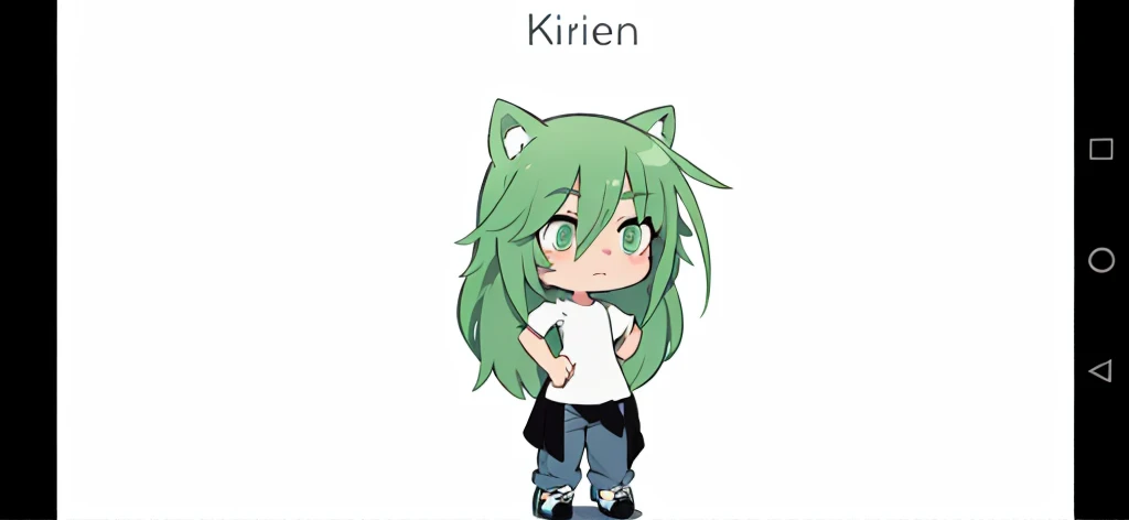 A girl, a cat,green hair,white tshirt, jeans blue,beautiful white black,light green hair,light green eyes and pale skin with dark circles under the eyes
