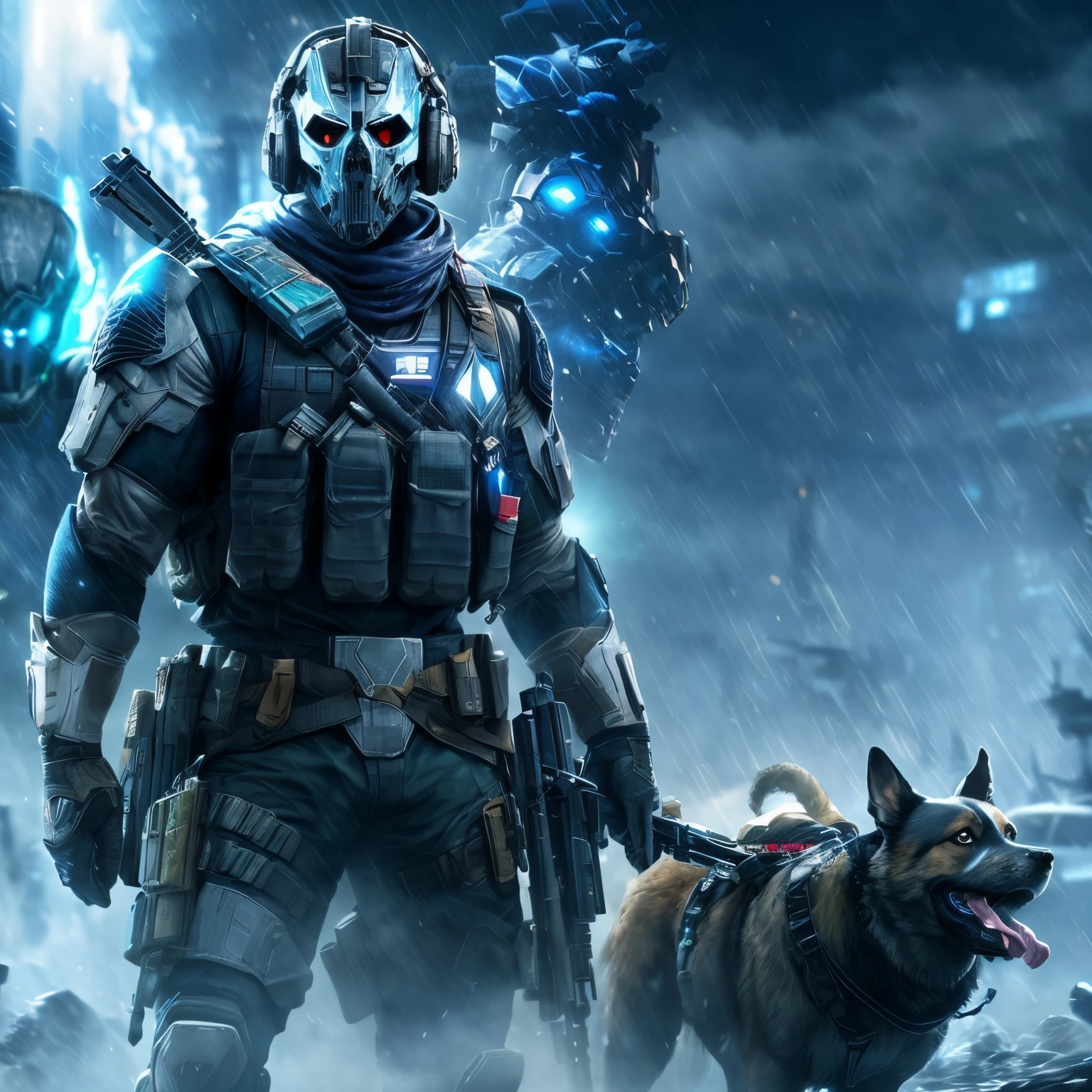 arafed soldier with a dog and a gun in the rain, ghost mask on the face, blue glowy eyes, game cover, video game cover, game poster, video game cover art, warzone background, cover game art, ghosts theme, game cover art, helghast, mobile wallpaper, hq 4k phone wallpaper, game promotional poster, fps shooter game, call of duty, high quality wallpaper