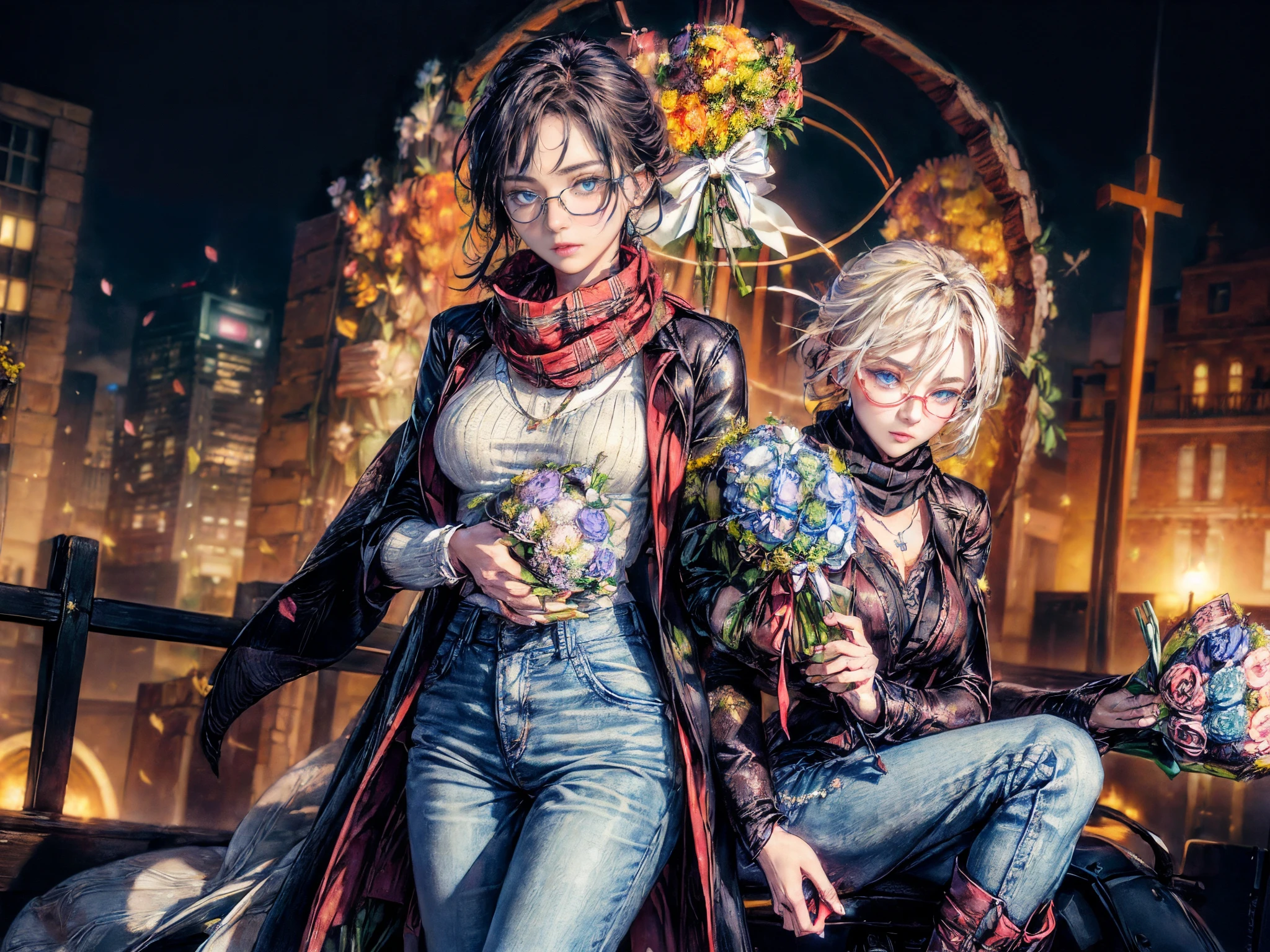 Cinematic lighting、16k picture quality、highlydetailed skin、masutepiece,1girl in, Solo、Best Quality,cyberpunked,(2 Beautiful Women、Detailed beautiful facial features、blue eyess、eyeshadows、lip:1.3)(Blue Hair Medium Hair、a necklace)BREAK(1 Short black hair、one pair of red frame glasses)BREAK is a blanket, scarf, and wrap.,
The large, cozy plaid or plaid blanket scarf,
Wrap it around your neck、Hang it on your shoulder to keep warm。,
Styled with a chunky knit sweater, Skinny Jeans, Knee-length riding boots for a cozy winter look,
BREAK(Holding a bouquet of blessings in hand:1.8)（Daytime、early evening、old cafe terrace、snack:1.2）