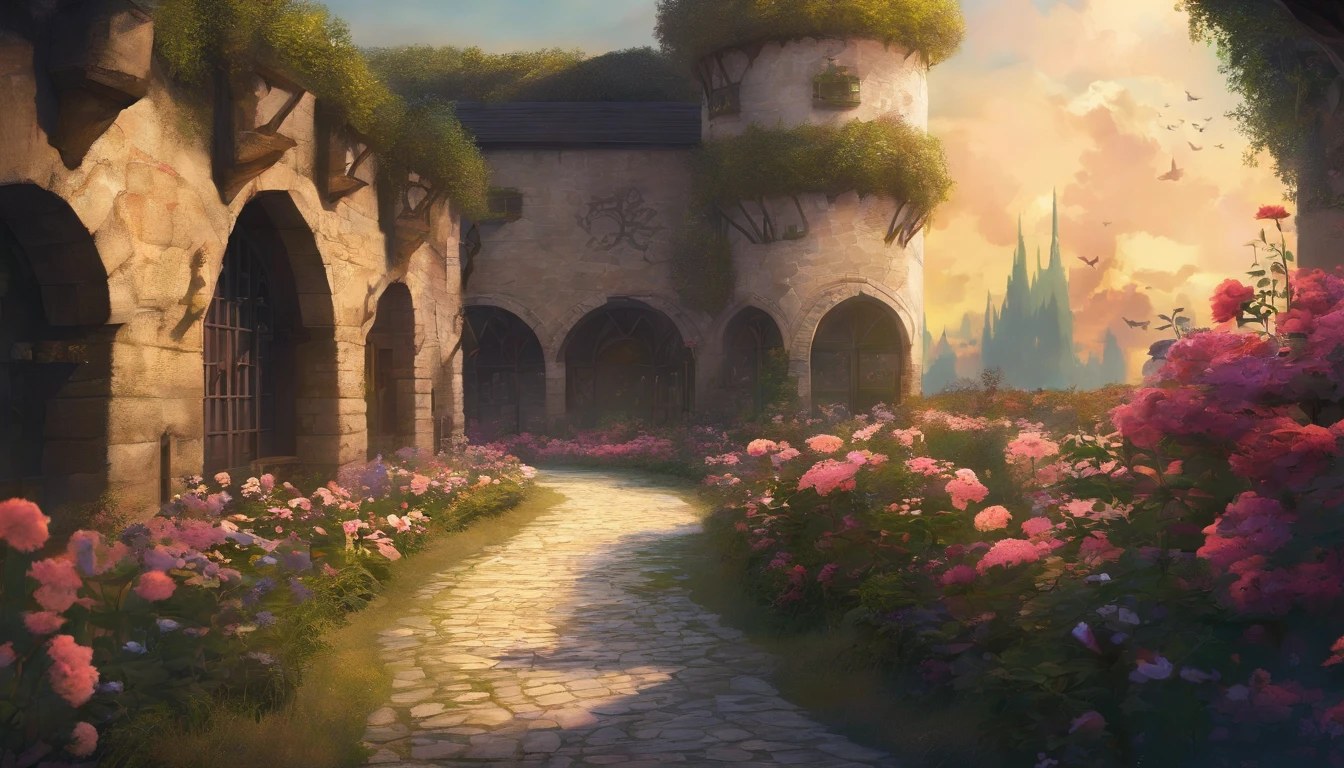 gardens of a courtyard in the medieval times, a winding path through the center with flower bushes on either side, it is late evening and the sun is almost set, side view, fantasy, bleak