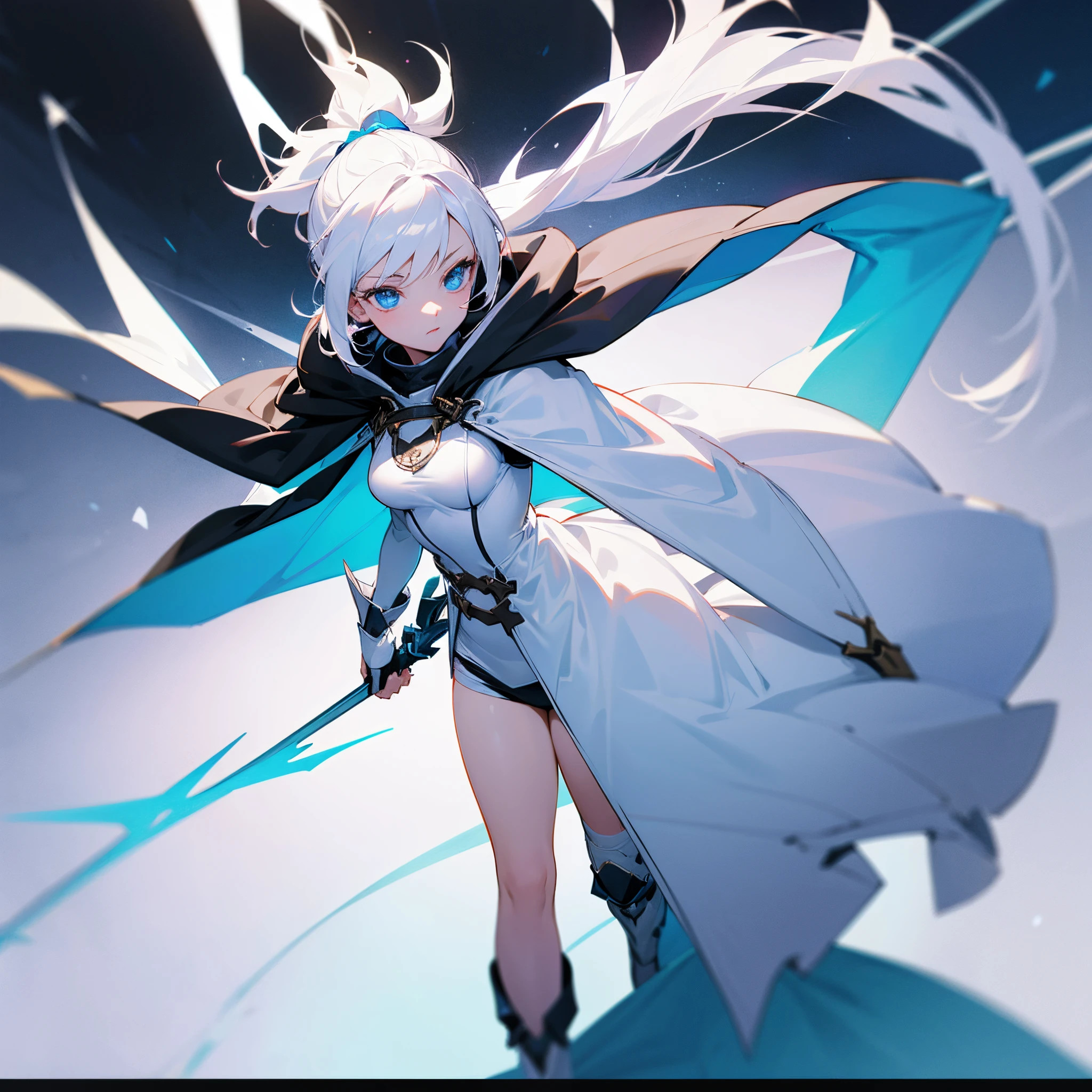 White hair, blue eyes, white outfit with a cape and hoodie, black boots, beautiful female, b cup, ponytail, heroic, rapier in right hand