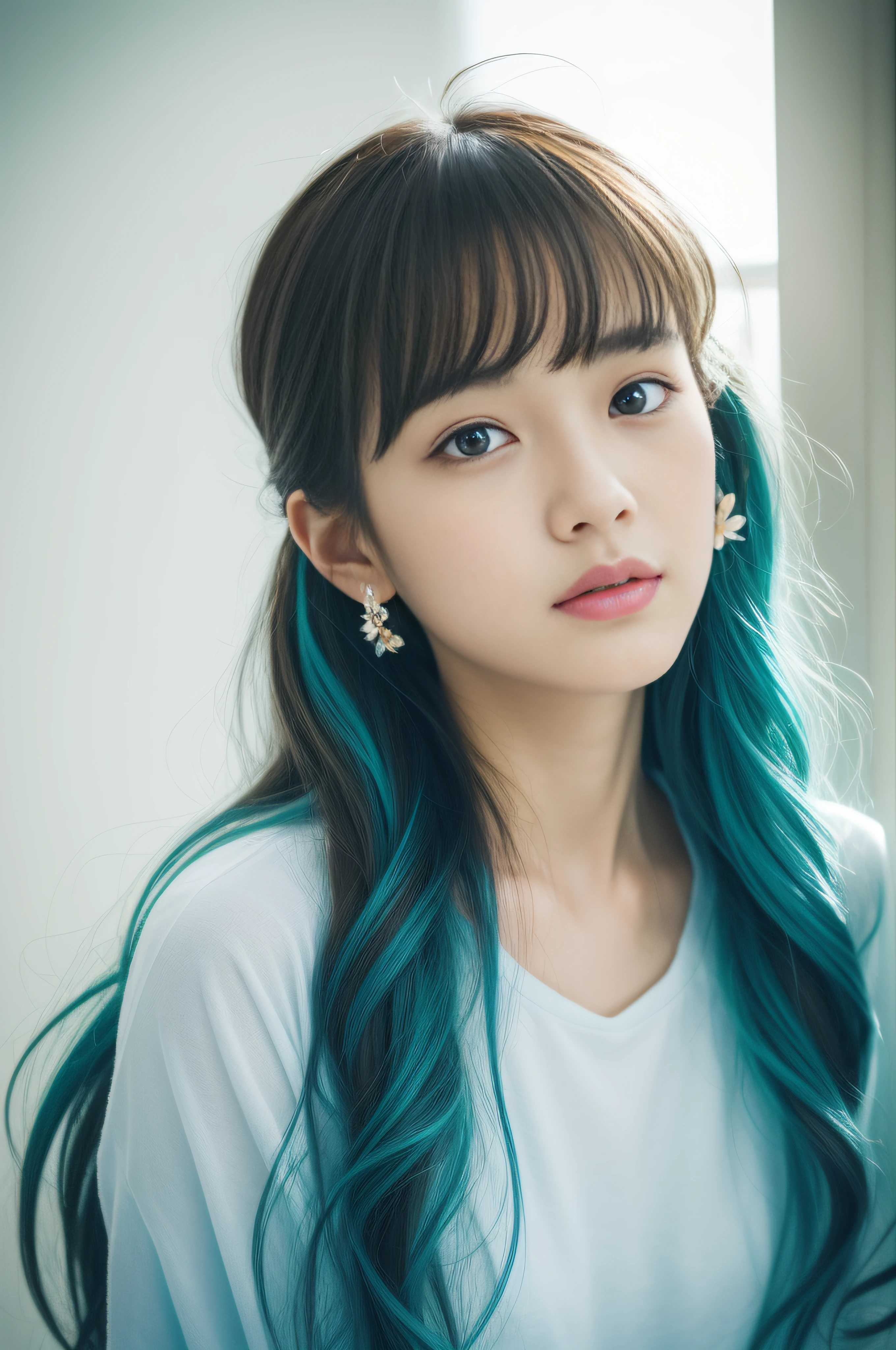 (masterpiece), (best quality), (ultra detailed),(disheveled hair),(illustration), (1girl), (Fashionable clothing), standing, Fashion model, looking at viewer, (interview), (simple background),beautiful detailed eyes, delicate beautiful face, Floating,(high saturation),(colorful splashes),colorful bubble,(shining), focus on face, ponytail, kamisato ayaka, light blue hair, bangs, hair ring, floating flowers, floating hairs, (shining), best lighting, best shadow,