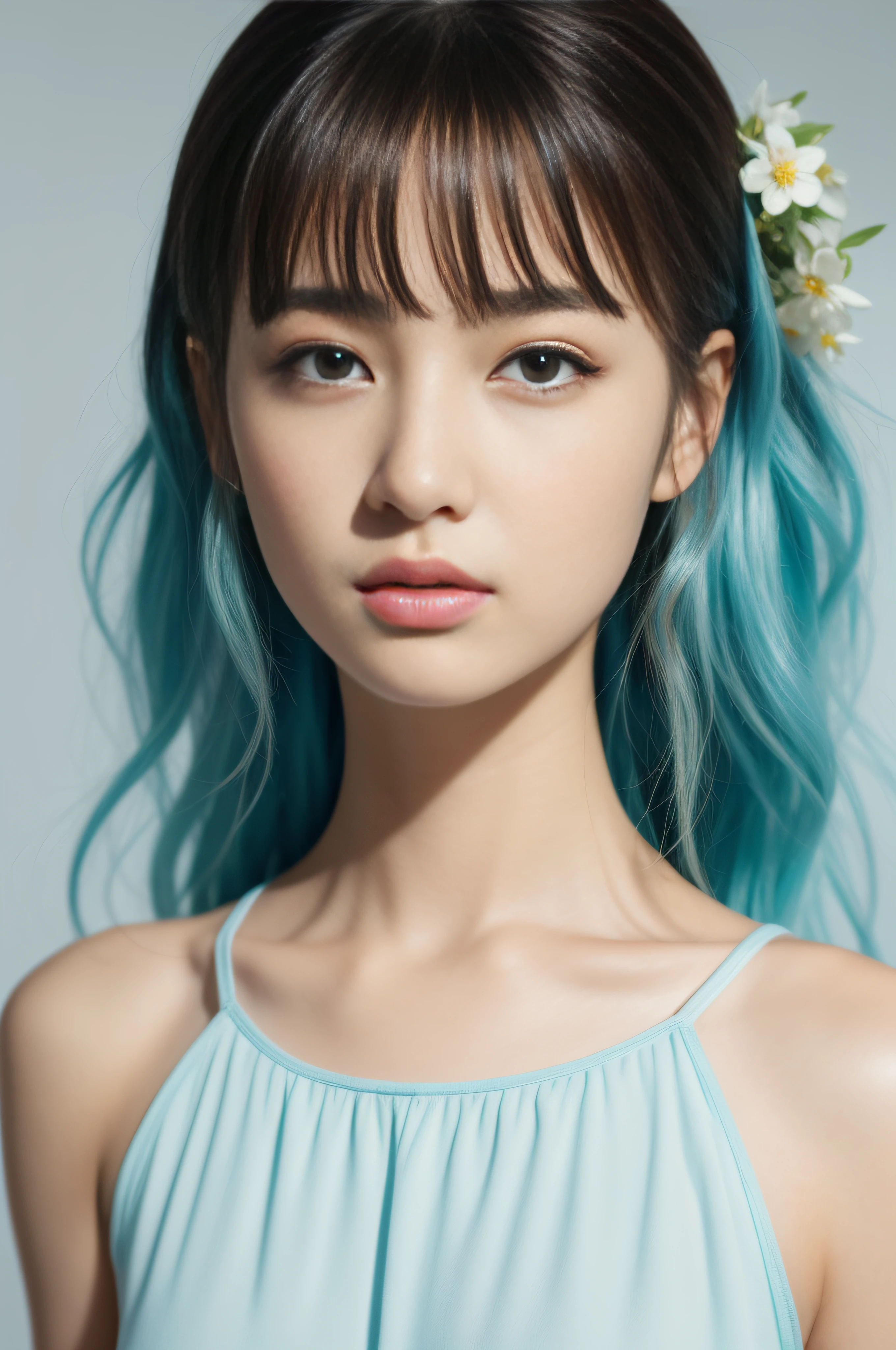 (masterpiece), (best quality), (ultra detailed),(disheveled hair),(illustration), (1girl), (Fashionable clothing), standing, Fashion model, looking at viewer, (interview), (simple background),beautiful detailed eyes, delicate beautiful face, Floating,(high saturation),(colorful splashes),colorful bubble,(shining), focus on face, ponytail, kamisato ayaka, light blue hair, bangs, hair ring, floating flowers, floating hairs, (shining), best lighting, best shadow,