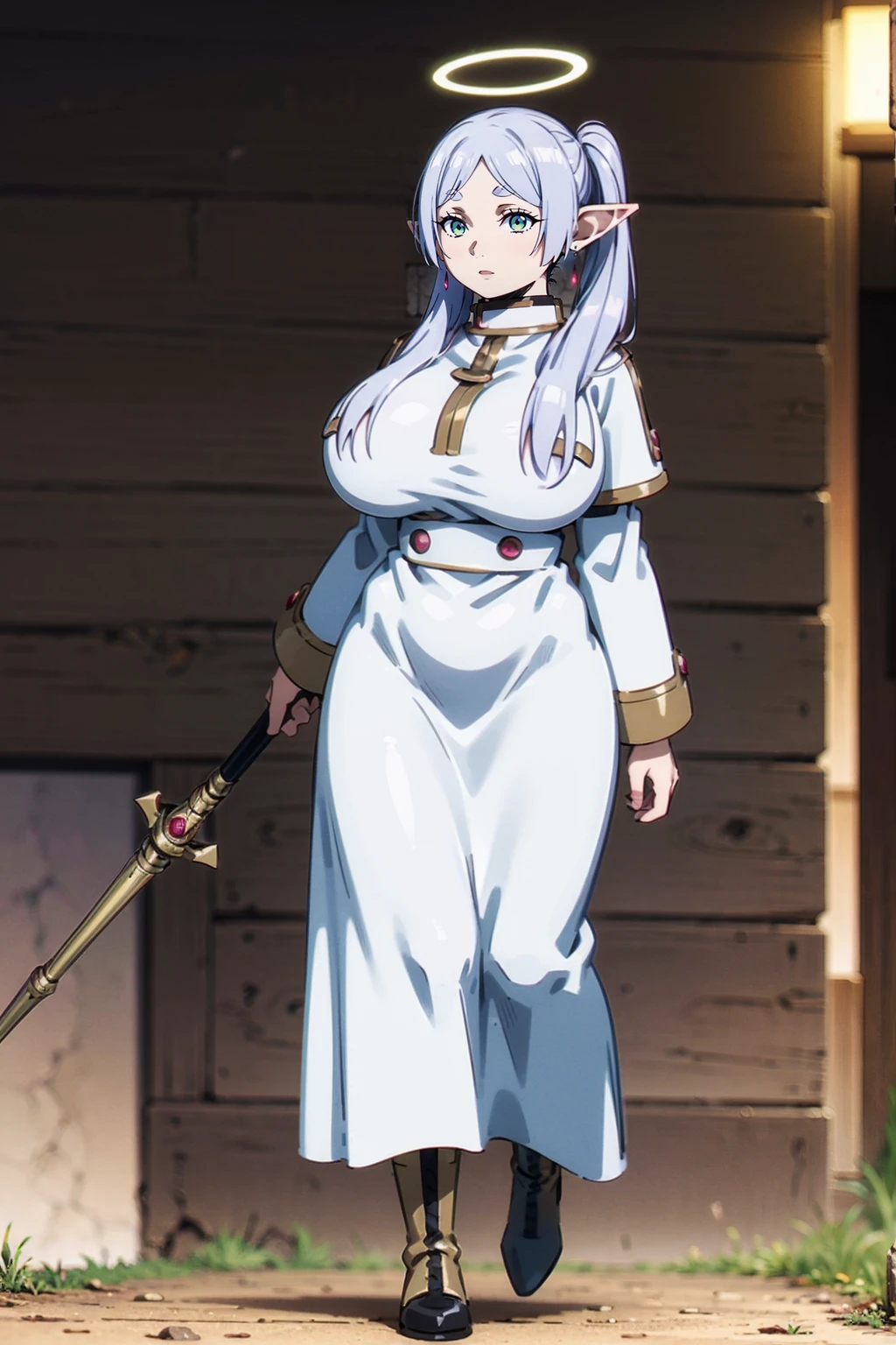 1girl,solo,elf,white hair,grey hair,earrings,pointy ears,long hair,ponytail,green eyes,twintails,parted bangs,thick eyebrows,,, holy magicalgirl, open mouth fang, holy haura, halo, smile, joyfull, paladin, sword holding, full body , boots, standing,cute,breast, curvy, female,fantasy goddess,there is a cartoon picture of a woman with a very large breast, glowing angelic being, glowing holy aura, inspired by Luma Rouge, the non-binary deity of spring, ethereal rainbow nimbus, the butterfly goddess of fire, inspired by Mariel, glowing aura around her, astral fairy, as the goddess of the sun, “uwu the prismatic person, big breast, happy, beautiful eyes, , full body, walking, long robe, long dress, ,priestess ,holy, smile, god rays, ray tracing, sparkle, cinematic lighting, UHD, retina, masterpiece, ccurate, anatomically correct, textured skin, super detail, high details, high quality, award winning, best quality, highres, 1080P, HD, 4K, thunder aura, light aura,full