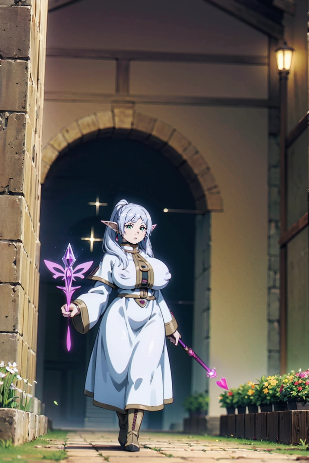 1girl,solo,elf,white hair,grey hair,earrings,pointy ears,long hair,ponytail,green eyes,twintails,parted bangs,thick eyebrows,,, holy magicalgirl, , holy haura, halo,, paladin, holding, full body , boots, standing,cute,breast, curvy, female,fantasy goddess,there is a cartoon picture of a woman with a very large breast, glowing angelic being, glowing holy aura, inspired by Luma Rouge, the non-binary deity of spring, ethereal rainbow nimbus, the butterfly goddess of fire, inspired by Mariel, glowing aura around her, astral fairy, as the goddess of the sun, “uwu the prismatic person, big breast, serious, beautiful eyes, , full body, walking, long robe, long dress, ,priestess ,holy, , god rays, ray tracing, sparkle, cinematic lighting, UHD, retina, masterpiece, ccurate, anatomically correct, textured skin, super detail, high details, high quality, award winning, best quality, highres, 1080P, HD, 4K, thunder aura, light aura,full, staff holding, determined, long sleevess, long skirt, long skirt,(highest quality,4k,8k,highres,masterpiece:1.2),ultra-detailed,(r1.37),holy magical girl,holy aura,halo,sacred light,shimmering radiance,mystical energy,heavenly glow,supernatural beauty,golden and silver tones,ethereal atmosphere,divine power,miraculous transformation,s,female protagonist,enchanted wand,magical sparkles,majestic crown,sparkling eyes and lips,sacred symbols,spiritual energy,celestial energy,serene expression,glowing path,holy garden of flowers,luminous patterns,peaceful surroundings,dreamy ambiance,healing light,the power of love,celestial music,surreal scenery,magical crystals,transcendent colors,dancing lights,heavenly beings,imaginative composition,legendary adventures,supernatural companions,dazzling starlight,celestial fireworks,enshrined in beauty,harmony of the divine.closed mouth, smug