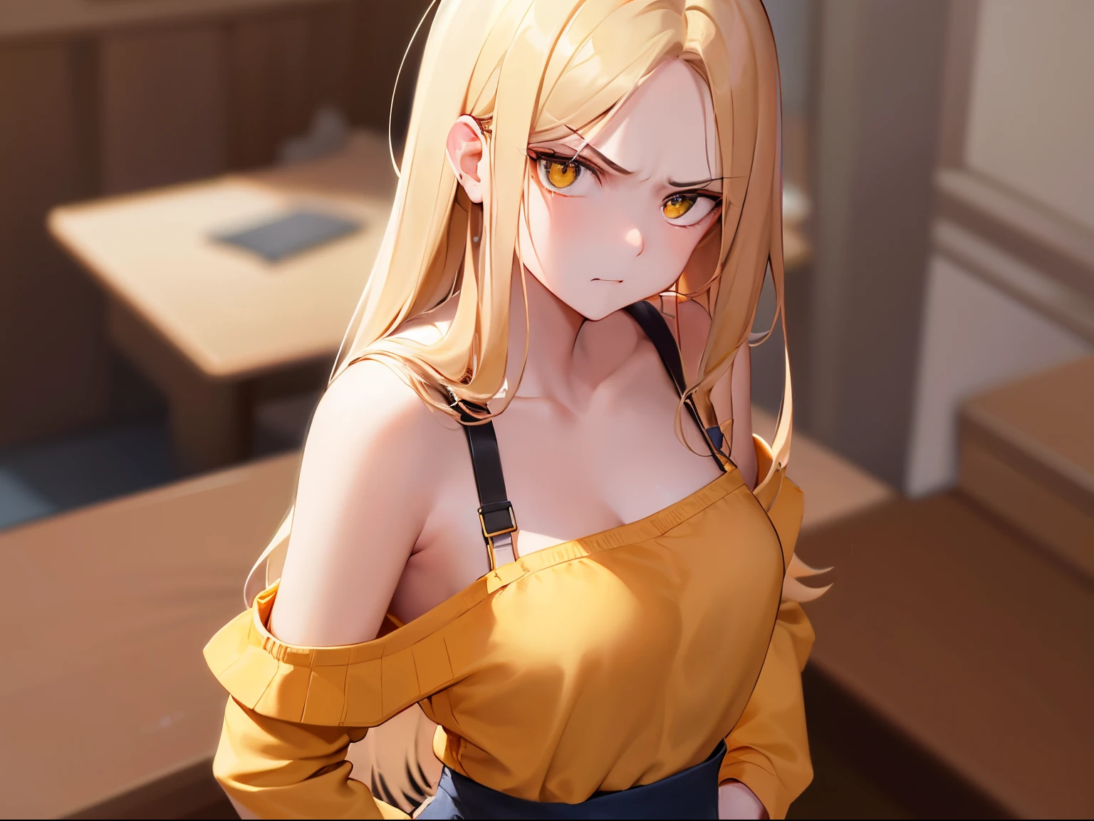 hands on hips, Angle from above, High angle, masterpiece、hightquality、(Blonde long hair, yellow eyes)、An 18-year-old woman、(Alone:1.5)、wearing an orange off-shoulder blouse、(Angry look:1.1)、Close-up of the subject's face、(Only the upper body is shown.:1.3)、Bold composition、The background is a room