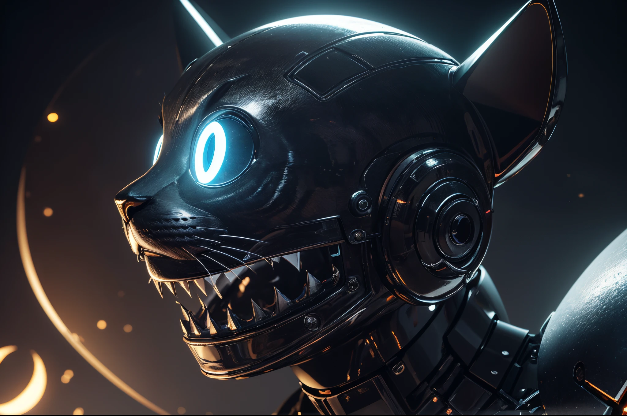 (hightquality、8K、Ulutra HD)、A slightly creepy cat-shaped robot head、iconic design、simple modeling、Glowing eyes、A crescent-shaped smiling mouth that splits all the way to the ears..、Digital Painting、concept-art、Stereoscopic lighting、metal reflective、2d render、Art Germ、ArtStat Trends