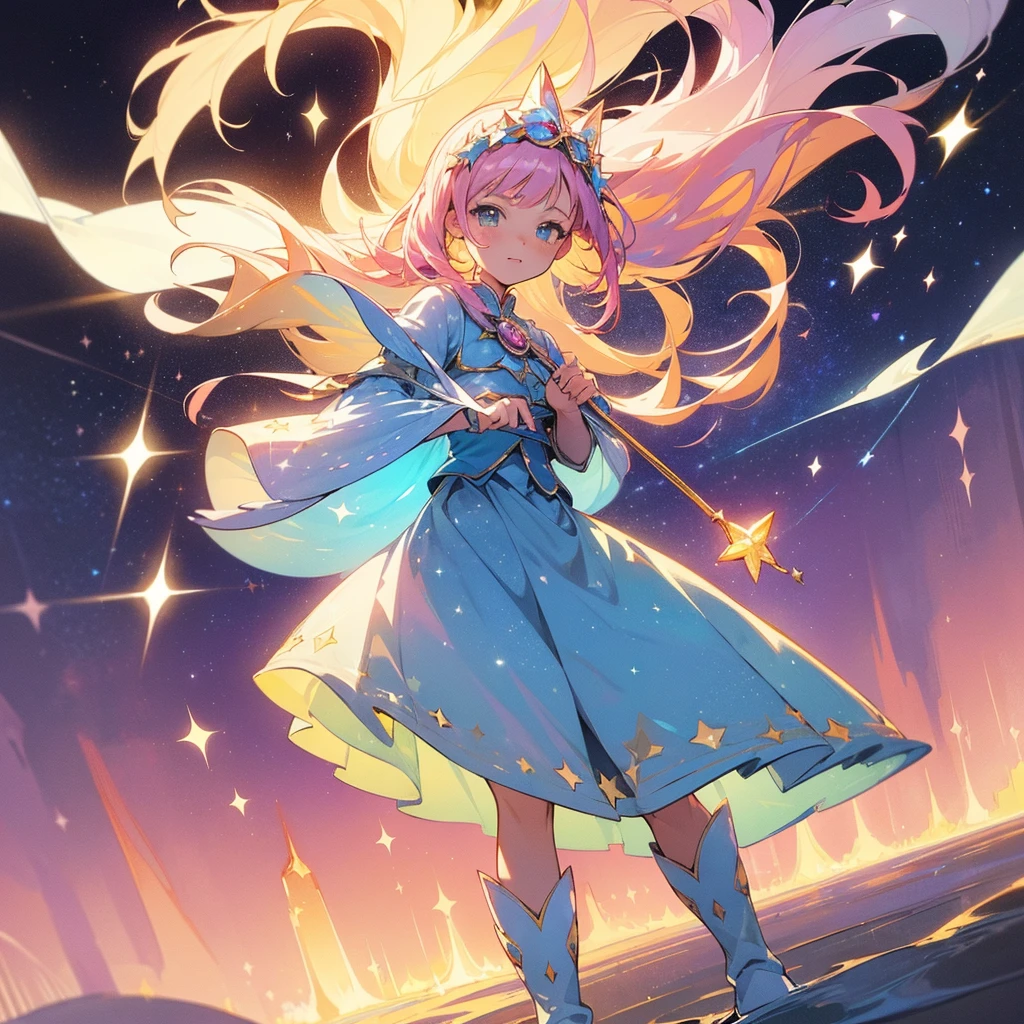 ((magical little girl)), ((Gorgeous starry sky background)), ((Ultra-detailed)), ((Best Illustration)), ((Cinematic lighting)), Dynamic Angle, floating, Finely detailed,Transparent costume, (glitters:1.2), (spark of light:1.2), (shine:1.2), (Best Quality), (masutepiece:1.2), (Anime style), (Solo), beautifull detailed face, (Cute face:1.3), Colorful hair, (Long hair:1.2), (Floating hair:1.2), (Magical Girl Costume), detailed costume, (Sparkling Wand:1.3), (magical effect:1.3), (flowing skirt:1.2), (Cute boots:1.1), (Transparent fabric:1.1), (Twinkle:1.2), (Glow:1.2), (brilliance:1.2), (flicker:1.2), (Dark style:1.2)