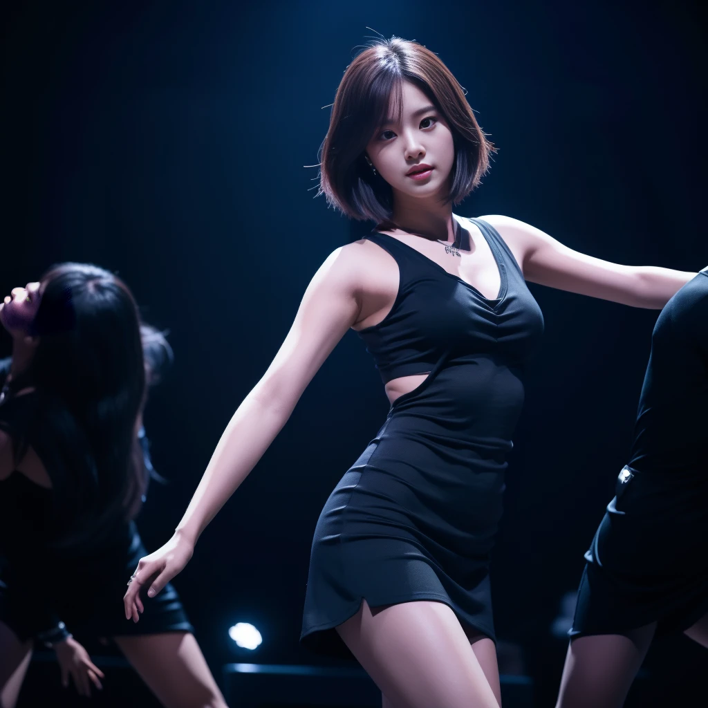 Best quality, masterpiece, ultra high res, (photorealistic:1.5), raw photo, Kpop idols performing on stage, black short tight dresses, in the dark, deep shadow, low key, cold light, sexy look, short hair