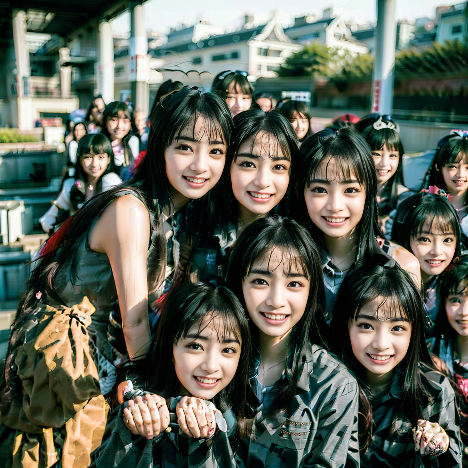a picture、(((multiple girls))),((((6+girls)))),((((100girls)))),(((1000girls)))、((((100 Girls))))、(((crowd shot))),Women only、The same face、School Uniform、12 years old、Long black hair、100 cute girls、ssmile、Selfie stick、‎Classroom、Raw photo、(((Large group)))、a junior high school student