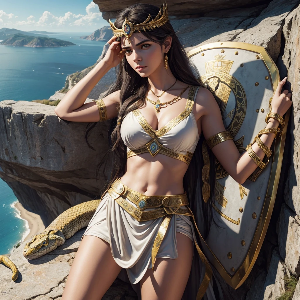 Hyperrealistic Athena on the edge of a cliff in her left hand on the edge of a shield - decorated with scenes of an Amazon - from whose inner side emerged a huge snake; su mano derecha, extendido hacia adelante