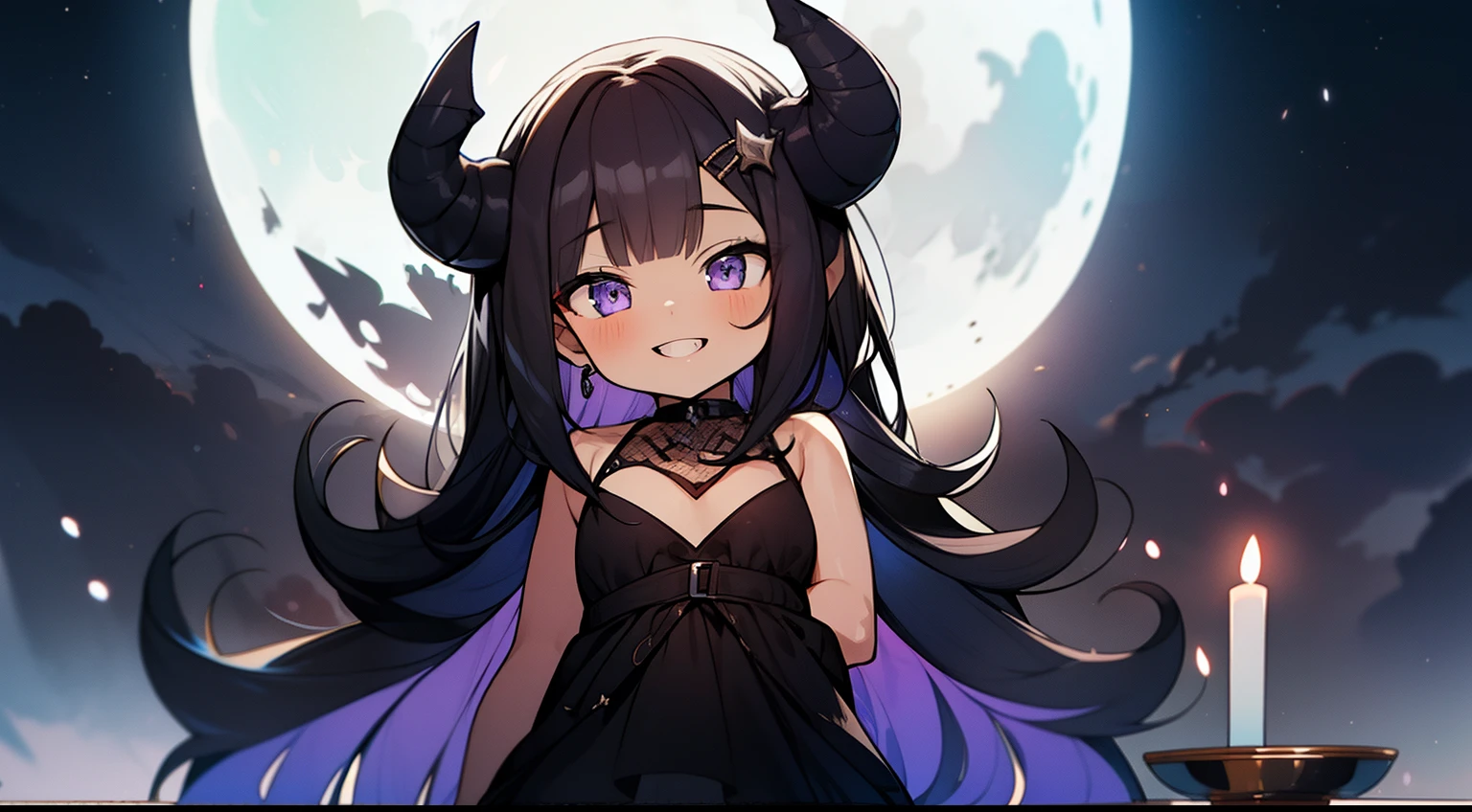(Moon Night), alluring succubus,Ultra-detailed Rihanna as Satan on the throne of hell, Lori, Vampire, Dark Gothic, fishnet tights, brack, (A dark-haired), asymmetrical bangs, Blunt bangs, Straight hair, Long sideburns, two side up, Devilish girl, Purple eyes, tusk, sparking eyes, kawaii, Cute, Naughty smile, double tooth, Dark Forces, sharpteeth, Cowboy Shot,