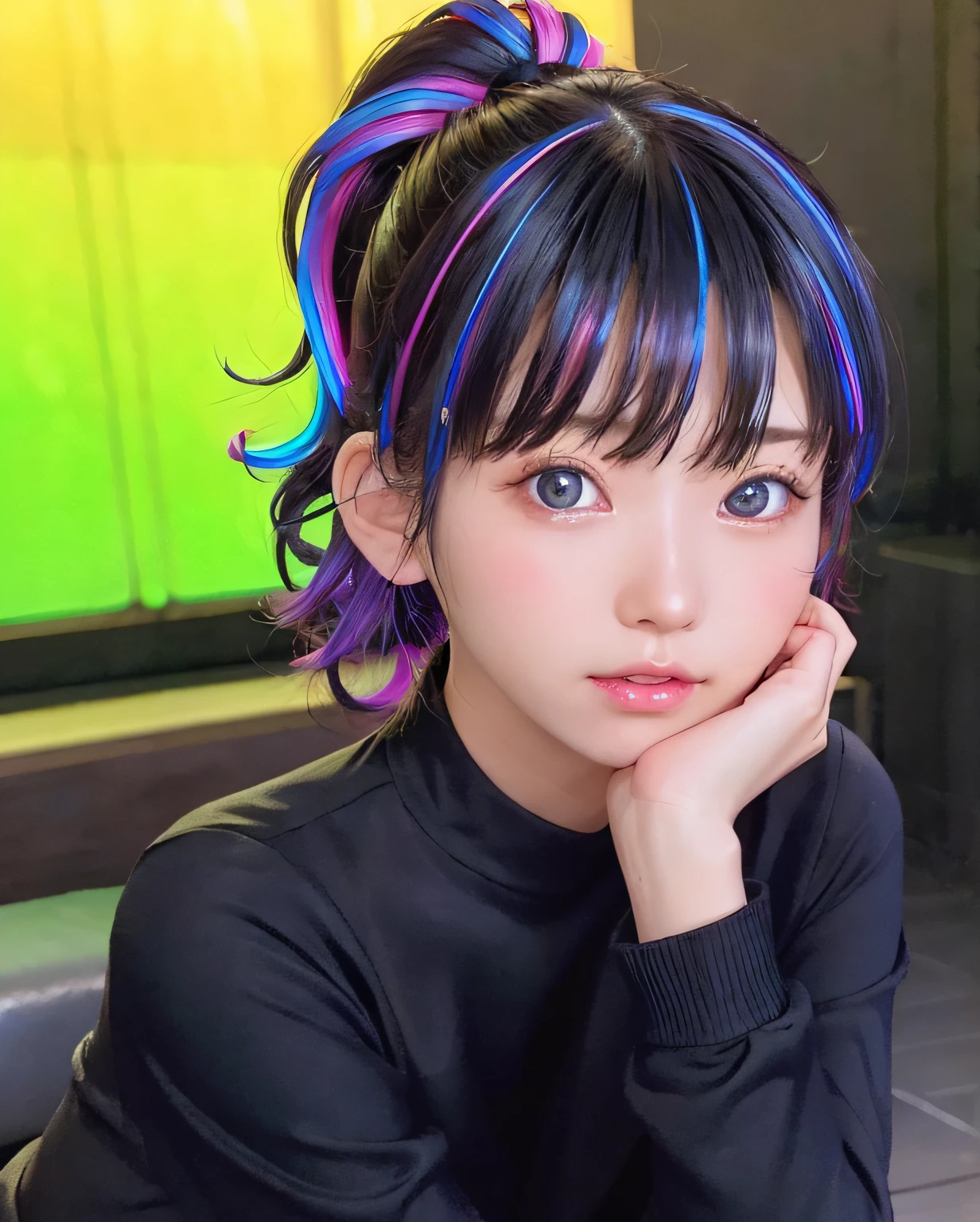 (jet black galaxy background)、Unclear、ite person、(Long black sweater)、(Slimed、flat chest)、Photorealsitic、detaileds, Skin Texture, ultra-detailliert、Delicate and sexy collarbone、Super Detailed Face、Detailed lips、A detailed eye、二重まぶた、13yrl、(((Shining neon colored hair)))、(Iridescent gradient high ponytail:1.3)