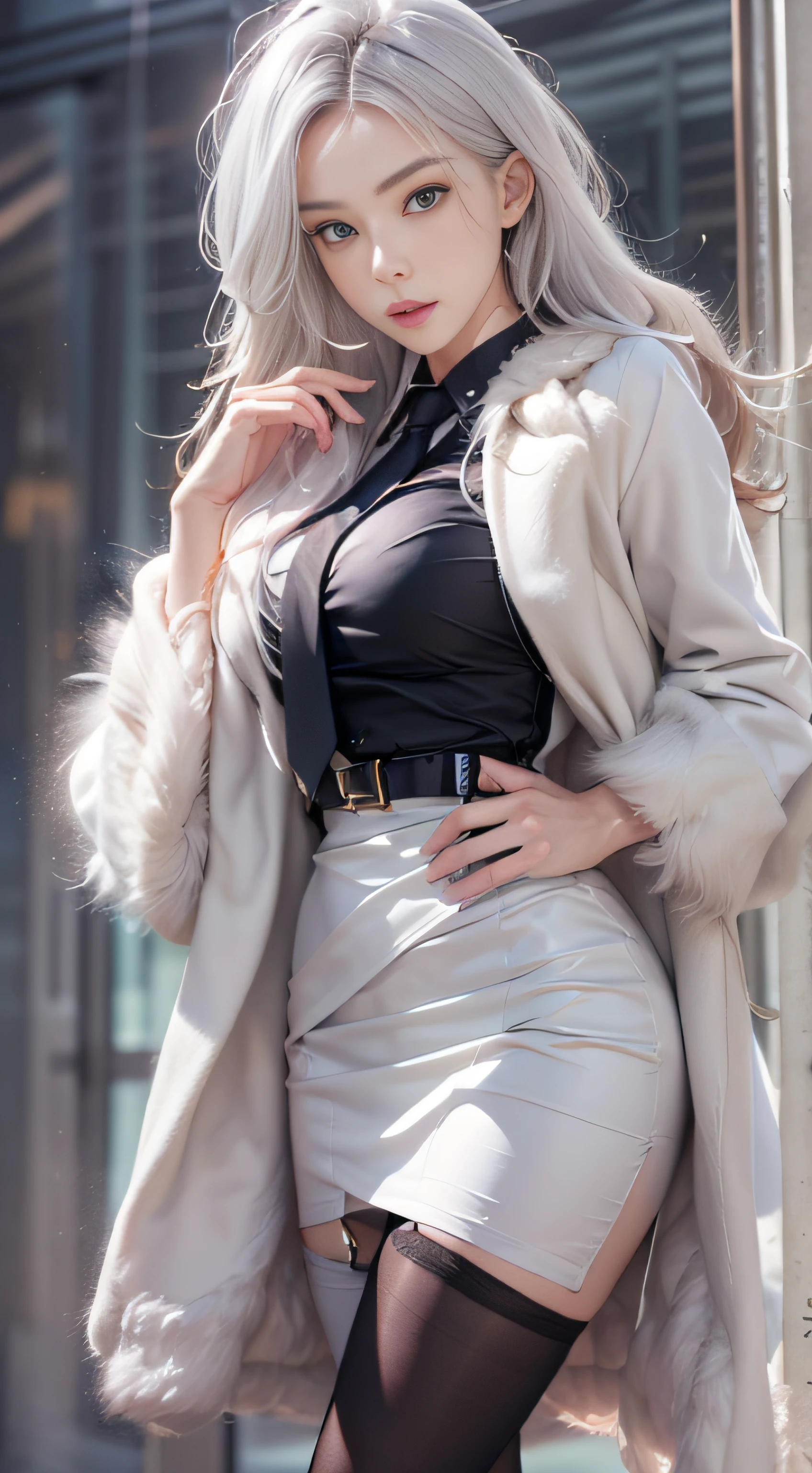 Photorealistic, high resolution, 1 Women, Solo, Waist up, Beautiful eyes, Close lips, Detailed face, White hair, Long hair, Collared shirt, black necktie,Black skirt, pencil skirts, Fur coat, Stockings