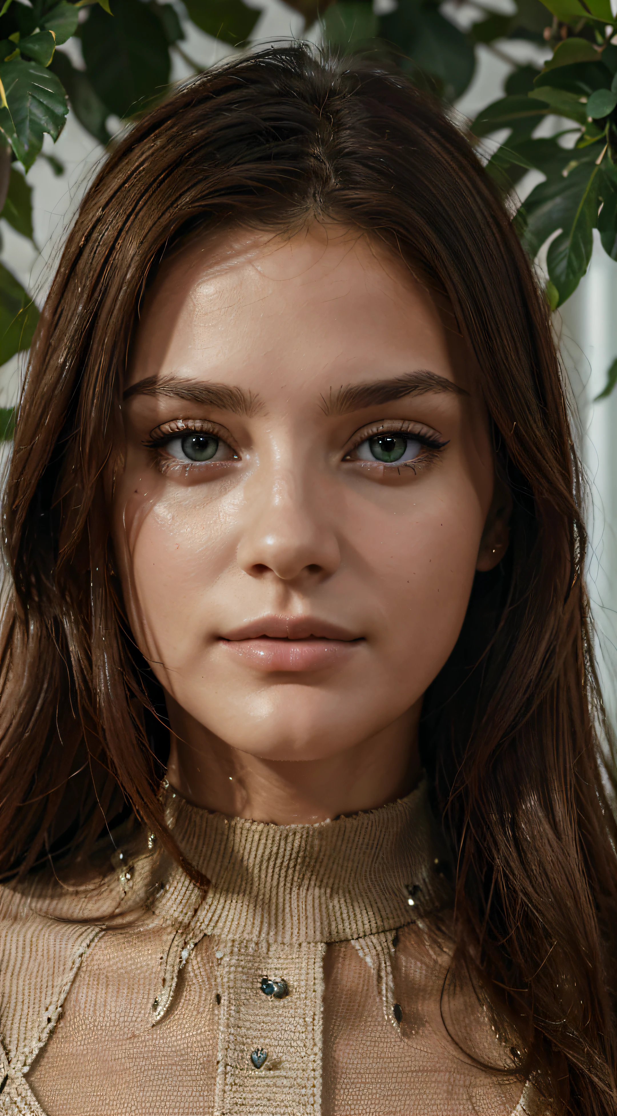 High detail, Ultra Detail, 8k, ultra highres, jeune brune, cheveux bruns, Yeux verts, the best quality, yeux expressifs, visage parfait, Excellent quality, yeux expressifs, visage parfait, dans un salon lumineux avec des plantes, Face centered, bretelle ????