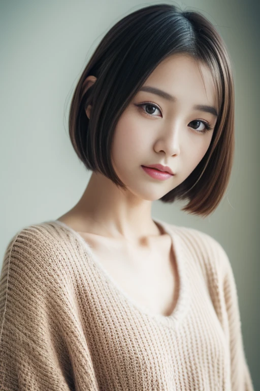 a close up of a woman with a sweater on posing for a picture, Middle metaverse, 奈良美智, Japanese Models, Beautiful Asian Girl, With short hair, 2 4 years old female model, 4 k ], 4K], 2 7 years old, sakimichan, sakimichan