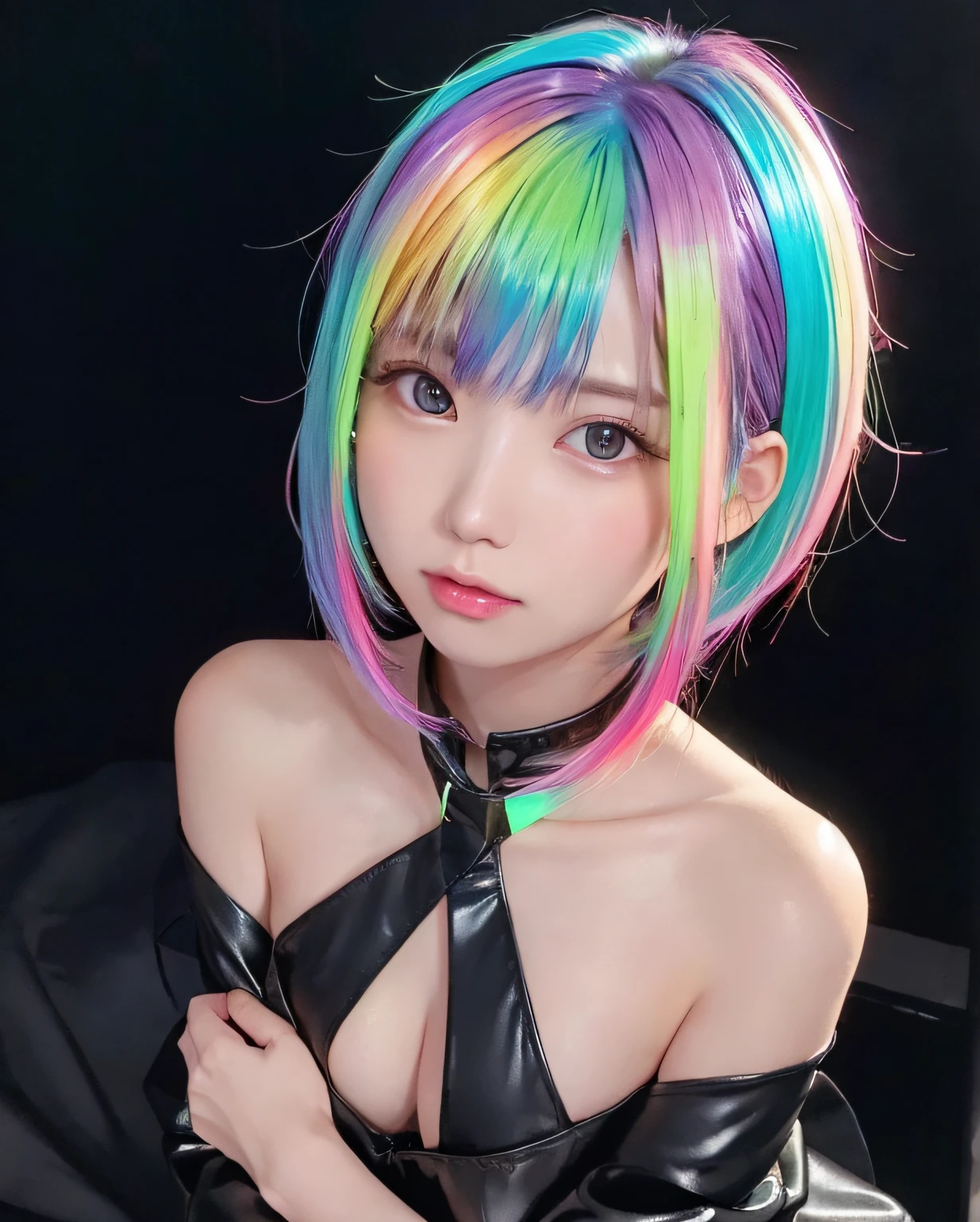 (silber hair)、(jet black galaxy background)、Unclear、ite person、(Long black sweater)、(Slimed、flat chest)、Photorealsitic、detaileds, Skin Texture, ultra-detailliert、Delicate and sexy collarbone、Super Detailed Face、Detailed lips、A detailed eye、二重まぶた、13yrl、(((Shining neon colored hair)))、(Iridescent gradient high ponytail)