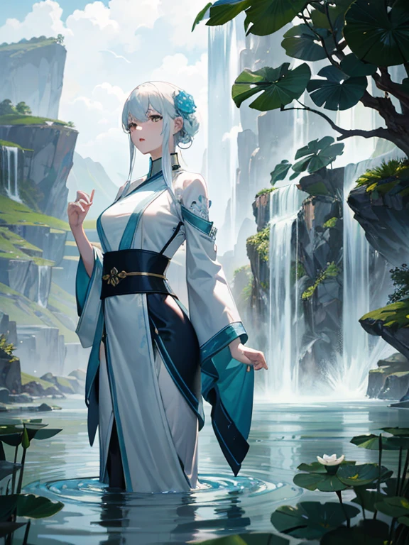 Highly detailed film water and ocean palette, a bald monk standing at the water's edge in white Hanfu, a huge green snake, a huge lotus flower in white, a very tall waterfall, exquisite facial details, spotlights, perfect composition, surreal, ultra-detailed, 8k, high quality, clear focus, intricate details, highly detailed, dynamic lighting, detailed and complex environment,