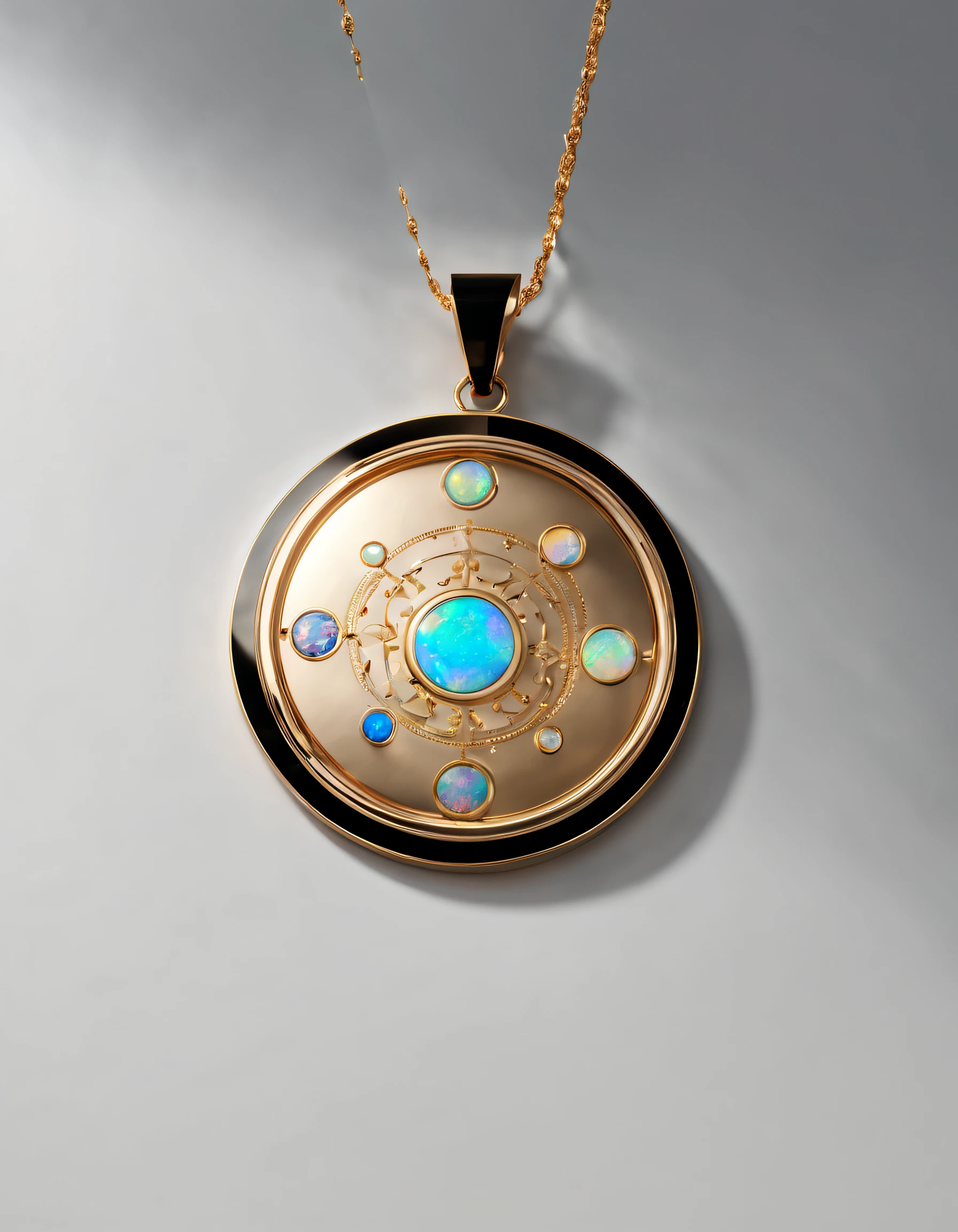Item design, pendant design, logo design, (a simple round pendant), inlaid with a double opal, black gold border, 12 constellation symbols, 12 constellation patterns, Van Cleef & Arpels, Cartier,
Background: White,by John Pawson,by Toyo Ito,by Zaha Hadid,extremely detailed, best quality, masterpiece, high resolution, Hyperrealistic, 8K, Loop lighting,