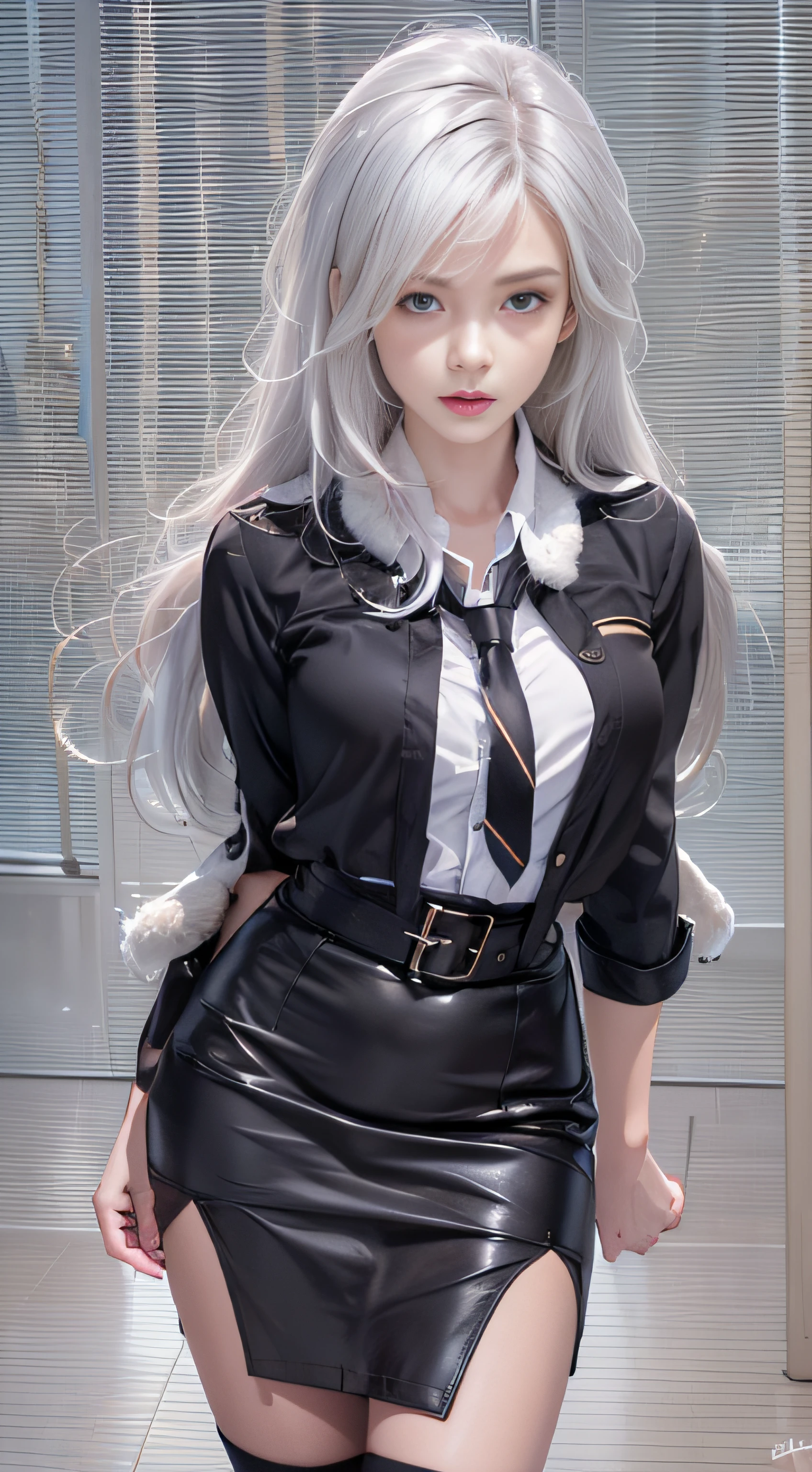 photorealistic, high resolution, 1 women, solo, hips_up, beautiful eyes, look at viewer, close lips, detailed face, white hair, long hair, collared shirt, black necktie,black skirt, pencil skirt, fur coat, stockings