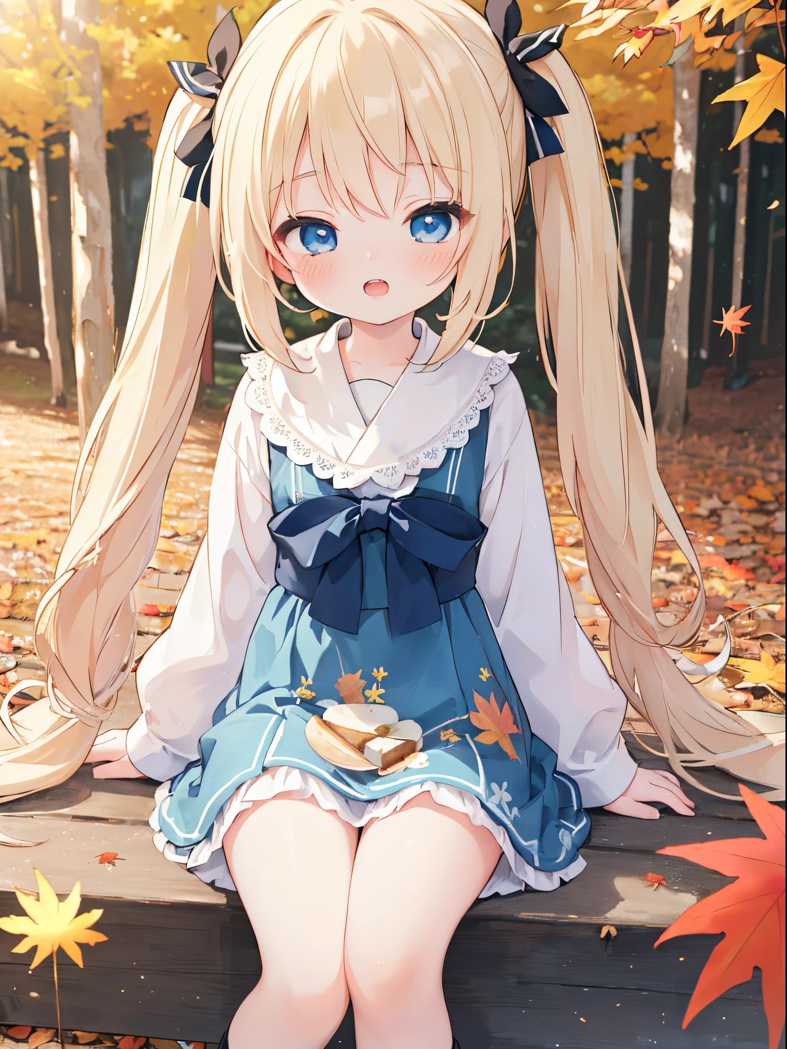 ((4K, master piece, Best Quality)), Cute little girl s,pale blond hair, Blue eyes,very long twintails,Laugh,double tooth,Closed eyes,Looking at Viewer,Lens Flare, autumn, camp, bonfire