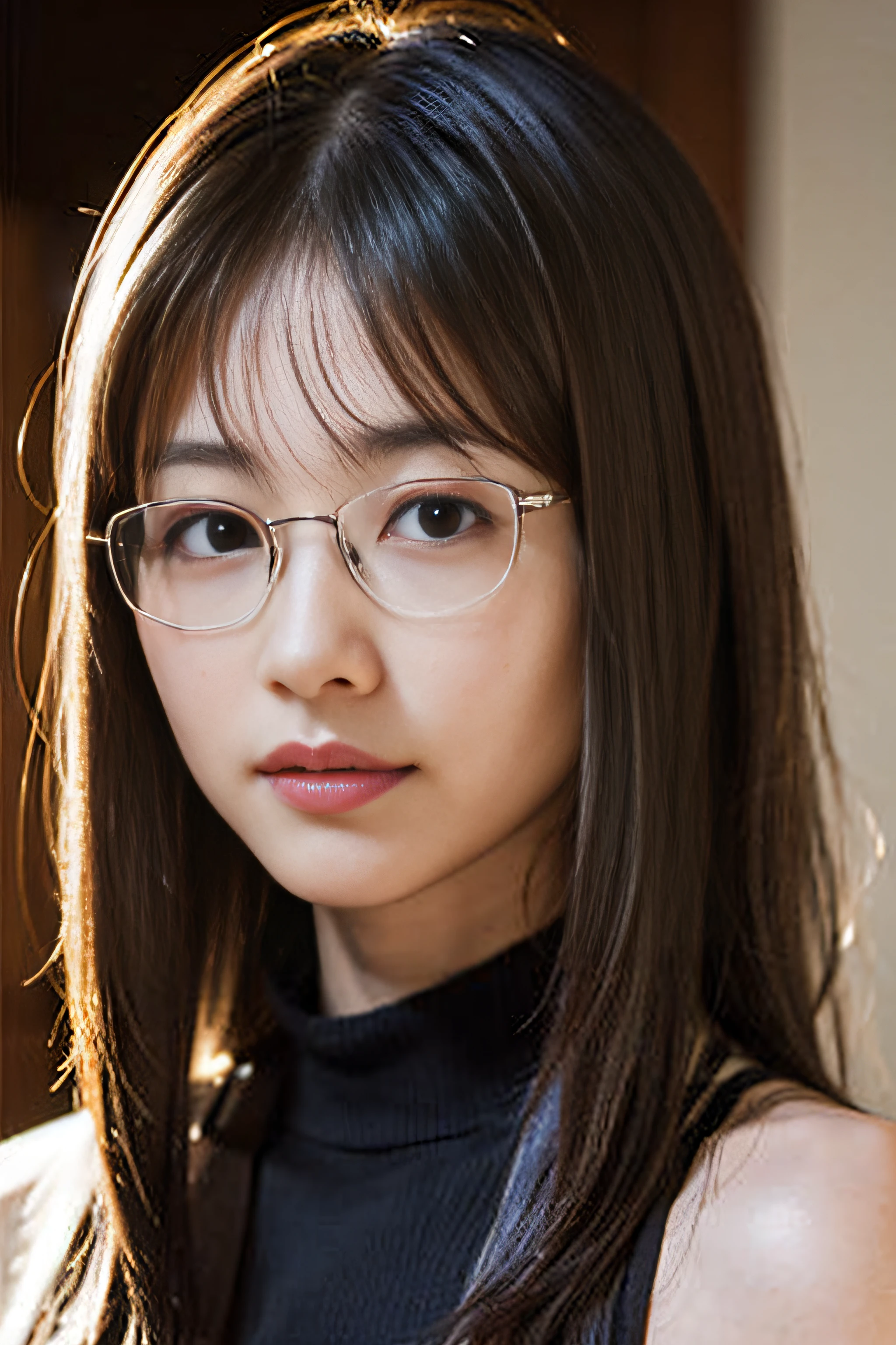 (8k、Raw photo、highest quality、masterpiece:1.2)、(Realistic、Photorealistic:1.37)、Ultra-detailed、超A high resolution、1 girl、20-year-old、Seeing the viewer、Beautifully detailed face、A smile with slightly visible teeth、narrow、(Slim waist) :1.3)、blazer、Beautifully detailed skin、Skin Texture、Floating Hair、Tie your hair together、Shapely large breasts、Professional Lighting、Autumn evening、library、(((Black square glasses )))、Human whole body、Black Hair、((Embarrassing appearance))、Accept the book、